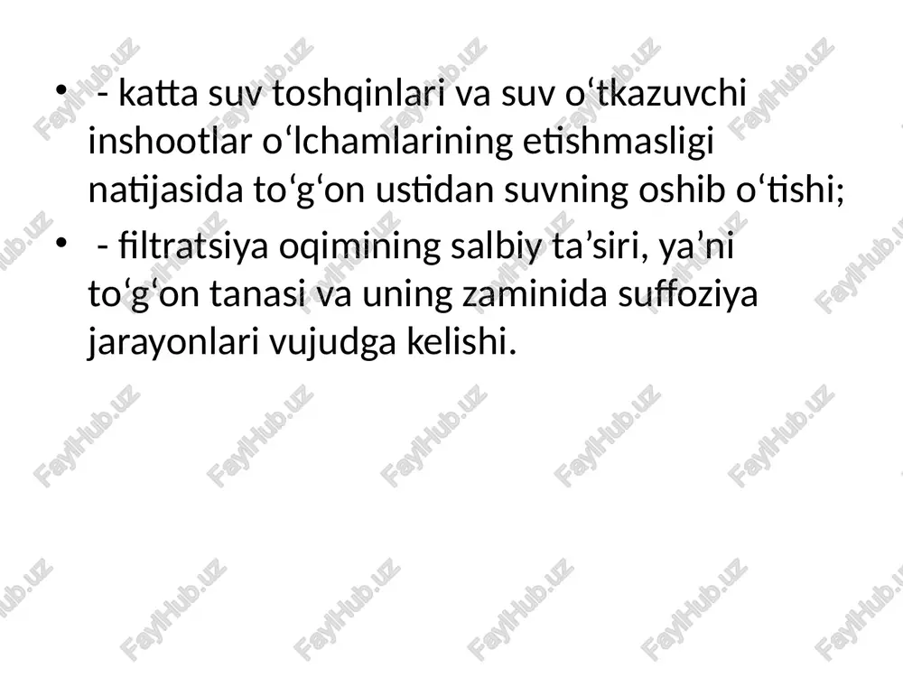 i. gidrotexnika inshootlarini tekshirish chog‘ida foydalanuvchi tashkilotlar, loyiha va pudrat tashkilotlari tekshiruvchilarga barcha zarur hujjatlarni taqdim etishi, ularning gidrotexnika inshootlari joylashgan hududga moneliksiz kirishini ta’minlashi shart. gidrotexnika inshootlaridagi favqulodda vaziyatlarni bartaraf etish uchun moliyaviy va moddiy resurslar zaxiralari oziq-ovqat mahsulotlarining, kiyim-kechaklarning, dori vositalarining, tibbiy buyumlarning, tibbiy texnikaning, qurilish materiallarining, neft mahsulotlarining, umumiy va yakka himoyalanish vositalarining, avariyadan himoyalanishga doir boshqa vositalarning maxsus zaxiralarini, shu jumladan moddiy resurslarni, shuningdek favqulodda vaziyatlarni bartaraf etish chog‘idagi kutilmagan xarajatlarning o‘rnini qoplash uchun mo‘ljallangan mablag‘larni o‘z ichiga oladi. foydalanuvchi tashkilotlarning fuqarolik javobgarligini sug‘urta qilish gidrotexnika inshootlaridan foydalanish davrida favqulodda vaziyat yuzaga kelishi natijasida boshqa shaxslarning hayotiga, sog‘lig‘iga va (yoki) mol-mulkiga, shuningdek atrof-muhitga zarar yetkazilganligi uchun foydalanuvchi tashkilotlarning fuqarolik javobgarligini sug‘urta qilish qonunchilikda belgilangan tartibda amalga oshiriladi. gidrotexnika inshootlarining xavfsizligini ta’minlash sohasida chet davlatlar, xalqaro tashkilotlar bilan axborot almashish gidrotexnika inshootlarining xavfsizligini ta’minlash sohasida chet davlatlar, xalqaro tashkilotlar bilan axborot almashish o‘zbekiston respublikasining qonunchiligiga va xalqaro …