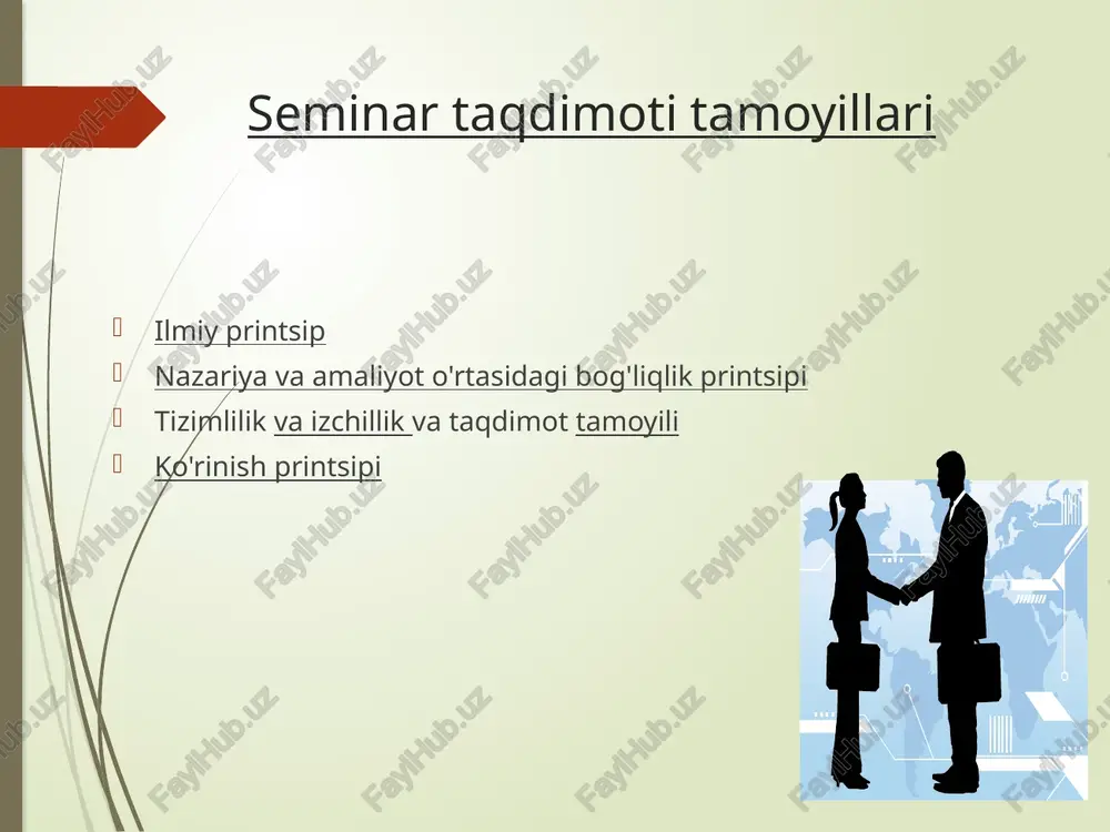 rligini asoslash; talabalarga ularni hal qilishni talab qiladigan amaliy vaziyatlar to'plamini tanlashni taklif qilish; talabalarni muayyan vaziyatda faol va ijodiy harakat qilishga undaydigan bir qator savollar berish; talabalar bilan vaziyatli muammoni hal qilish uchun taklif qilingan echimlarni muhokama qilish. seminar-konferentsiya talabalar nafaqat hisobotlarni, balki hisobot-xabarlarni, mustaqil ilmiy faoliyati natijasida yuzaga kelgan tadqiqot faoliyati; talabalar muhokama qilish yoki muhimroq va eng ko'p murakkab muammolar yoki konferentsiyadagi muhokamada boshqa universitetlar talabalari jalb qilinadi; konferentsiyalar bir necha kun davomida o'tkazilishi mumkin; anjumanda qoida tariqasida talabalar ham qatnashadilar olimlar. seminar davra suhbati kollektiv ish paytida seminar mashg'ulotining maqsadi, bir tomondan, seminarning barcha ishtirokchilarining maqsadi. boshqa tomondan, ularning har birining shaxsiy maqsadi ijtimoiy ahamiyatga ega maqsadni aks ettiradi. seminar darsining jamoaviy nazariy ish shakli sifatidagi o'ziga xos xususiyati har bir talabaning nazariy pozitsiyalarni, taklif etilgan yechimlarni muhokama qilishda va ularning to'g'riligini baholashda teng va faol ishtirok etish imkoniyatidir. talabalarni seminar darsiga qanday tayyorlash mumkin (evristik …