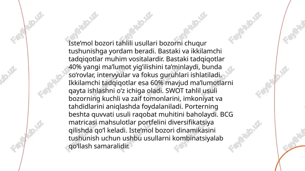 ndaydi. boshqa oddiy strategiyalar qatorida premium narxlash ham bor, bu esa mahsulotni yuqori sifatli deb hisoblatish uchun foydalaniladi. sherikcha (bundling) sotish bir nechta mahsulotni birgalikda, quyi narxda sotishni nazarda tutadi. iste’mol bozorlari va xaridor xulq-atvorini o‘rganish. oʻrozboyev ibrohim e'tiboringiz uchun raxmat! image1.png image2.png image3.png image4.jpg image5.png image6.jpg image7.jpg /docprops/thumbnail.jpeg