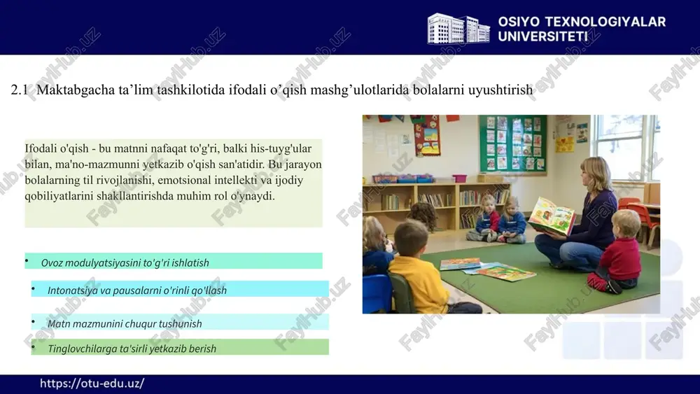 idual xususiyatlarini bilish va maqsadli rejalashtirish asosida amalga oshiriladi. har bir bola o'zining yosh, psixologik va ijtimoiy xususiyatlariga ega bo'lib, ularni hisobga olish mashg'ulot samaradorligini sezilarli oshiradi. 2.6. muammoli ta’limda tarbiyachi va tarbiyalanuvchilarni asosiy vazifalari 14 bolalarni uyushtirish tamoyillari individual yondashuv har bir bolaning qobiliyat va ehtiyojlarini hisobga olish guruhiy faoliyat jamoa ishini tashkil etish va hamkorlik muhitini yaratish motivatsiya bolalarning qiziqish va ishtiyoqini uyg'otish tizimlilik izchil va maqsadli ta'lim jarayonini tashkil etish 15 mashg'ulotda bolalarni uyushtirish usullari savol-javob texnikasi rol o'yinlari va dramalashtirish guruh ishlarini tashkil etish msobaqa elementlarini kiritishu ijodiy topshiriqlar berish bu usullar bolalarning diqqatini jamlash va faol ishtirok etishini ta'minlaydi. qo'shimcha vositalar: ko'rgazmali materiallar audio va video yordamchi vositalar o'yin elementlari mukofot va rag'batlantirish tizimi interaktiv texnologiyalar faol usullar: 2.7 badiiy matnning didaktik tahlili didaktik tahlili namunasi. 16 bolalarning diqqatini jamlash strategiyalari 1 qiziqarli kirish hayratli savol, sirli buyum, qisqa hikoya orqali bolalarning e'tiborini tortish 2 …