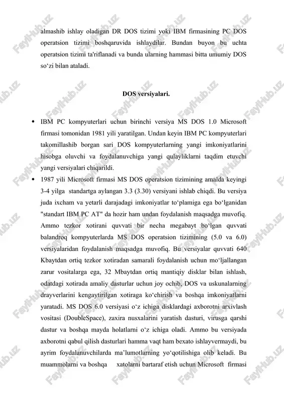 bm firmasining ps dos operatsion tizimini ishlatadilar. dosning bu versiyalari ms dos versiyalariga qaraganda ko‘proq qulayliklarga ega, lekin ular bilan har jihatdan ham moslashgan emas. masalan, axborot qismining ularda ishlatiladigan vositalari bir-biriga mos emas, birining o‘rnini ikkinchisiga almashtirsa birgalikda ishlay olmaydi. windows operatsion tizimi. · microsoft windows ning paydo bo’lishi mikrokompyuterlar tizimi sohasida yangi era boshlanganining belgisidir. msdos boshqaruvida ishlovchi 1980-yillardagi ishlanmalarning cho’qqisiga aylangan windows 3.1 ga ishchi guruhlari uchun mo’ljallangan windows tizimlari kuchli ilovalarni qulay va o’zlashtirishga oson ko’p vazifali grafik muhitda ishga tushurish imkonini beradi. windowsda bu tizimlarning imkoniyatlari takomillashtirilgan va kengaytirilgan, shaxsiy kompyuterda ishlashga yangicha soddalashtirilgan yondoshuv ta'minlangan. bundan tashqari windows ga zamonaviy shaxsiy kompyuterlarning quvvatini maksimal darajada ishlatish imkonini beradigan bir qator eng yangi texnik echimlar mujassamlashtirilgan. · windows foydalanuvchi ixtiyoriga quyidagi imkoniyatlarni taqdim etadi: · foydalanuvchining to’liq qayta ishlangan interfeysi. yangi interfeys sharofati bilan windows da dasturlarni ishga tushirish, hujjatlarni ochish va saqlash, disklar va …
