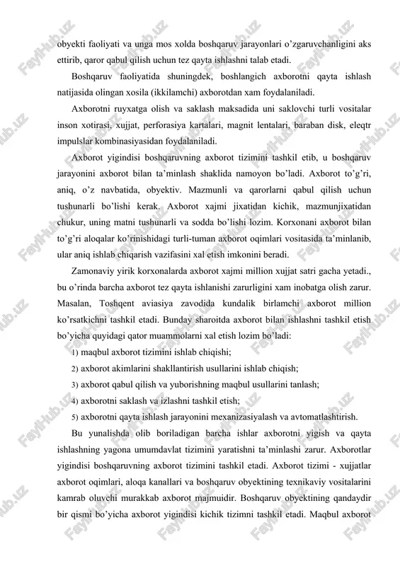 il etish boshqaruvning u yoki bu tashkiliy tizimini loyixalashtirish va uning samarali faoliyat yuritishining muxim shartlaridan bo’lib xisoblanadi. axborot tizimlari oddiy va murakkab tizim bo’lishi mumkin. oddiy axborot tizimi uni qayta ishlashni talab etmaydi, axborot manbaasidan u iste’mol qilinish joyigacha yetkazishda o’zgarish yo’z bermaydi. bunday axborot telefon yoki boshqa xabar berish vositalari yordamida bir marta beriluvchi xabar sifatida yetkaziladi. murakkab axborot tizimlari axborotni qayta ishlashning mexanizasiyalashtirish va avtomatlashtirish darajasi bo’yicha turlarga ajratiladi. birinchi guruxga kulda yoki eng oddiy mexanizmlar yordamida qayta ishlanuvchi axborot tizimlari kiradi.. ikkinchi guruxga axborotni to’plash, qabul qilish va qayta ishlashda mexanizasiya keng qo’llaniladigan axborot tizimlari kiradi. uchinchi guruxga ma’lumotlarni kompleks mexanizasiya vositasi bilan birga avtomatlashtirish elementlarini qo’llab qayta ishlash va to’plash qo’llanilgan axborot tizimlari kiradi. axborot qabul qilish, o’zatish va qayta ishlash sikli avtomatlashtirilgan axborot tizimi to’rtinchi guruxni tashkil etadi. axborotni qayta ishlashda exmlar qo’llaniladigan boshqaruv tizimlari avtomatlashtirilgan boshqaruv tizimi (abt) nomini olgan. abt quyidagi vazifalarni …