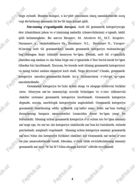 ning so‘z o‘zgartirish va so‘z biriktirish qoidalari haqida bo‘lib, bunda so‘z o‘zgartirish doirasida so‘z shakllari, so‘z shakllarini hosil qiluvchi grammatik kategoriya va o‘zgarish asosida farqlanuvchi so‘zning grammatik guruhi – so‘z turkumi hamda bu hodisalarning mahsuli bo‘lishi, so‘z birikmasi va gap bir vujudning ikki tomoni sifatida ajraladi. bu o‘z – o‘zidan ularni o‘rganuvchi ikki soha morfologiya va sintaksisni farqlashni ham toqazo qiladi. [3: m.t. irisqulov: “tilshunoslikka kirish” (ilmiy-uslubiy nashr). toshkent - 2009, 72 bet. (http://library.navoiy-uni.uz/)] [4: ilmiy maqola, tilavov sh.a.: grammatik kategoriya tushunchasi. “interdisciplinary conference of young scholars in social sciences” jurnali, 322-bet.] grammatik ma’no va grammatik shaklning birikuvidan vujudga kelgan umumiy tushunchalarni ifodalovchi tildagi xususiyatlar grammatik kategoriya deb yuritiladi. kategoriya tushunchasi (grekcha kategoria) narsalarga tegishli xususiyatlar ma’nosini ifodalaydi[footnoteref:5]. grammatik kategoriya bir yo‘la grammatik ma’no va grammatik shaklni qamrab oluvchi tushuncha bo‘lib, turli tillarda soni va xususiyatlari bilan farq qiladi. [5: nurmonov a., shahobiddinova sh., “grammatik kategoriya muammosiga doir ayrim mulohazalar”. …