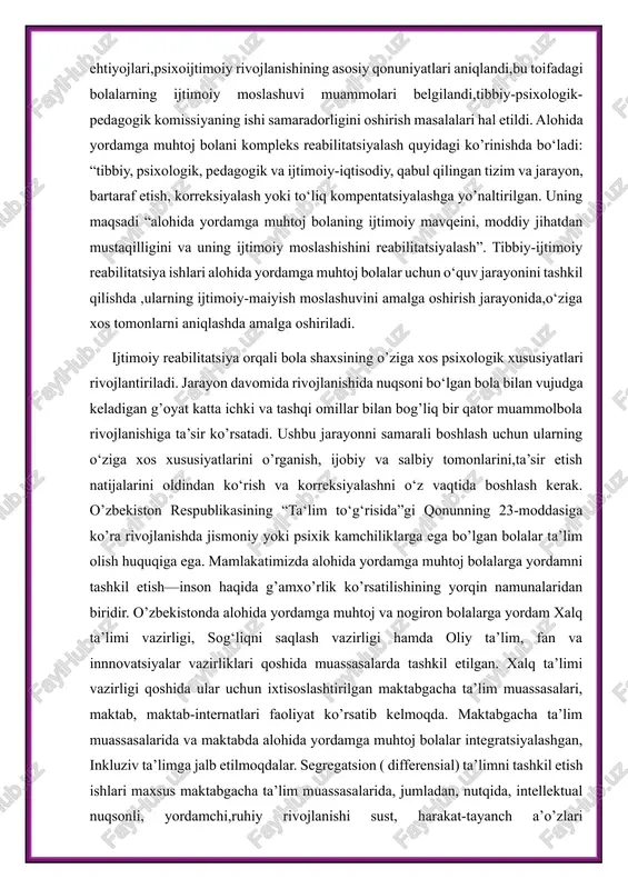 -harakat apparati buzilgan bolalar. ruhiy rivojlanishi orqada qolgan bolalar murakkab nuqsonli bolalar. emotsional sohada buzilishlar kuzatilgan bolalar (erta bolalar autizmi sindromi)xulq-atvorida buzilishlar kuzatilgan bolalar (har xil psixopatiyali bolalar) ilk bolalik tibbiy va psixologik-pedagogik nuqtai nazardan bolaning rivojlanishidagi muhim bosqichlardandir. bola hayotining dastlabki yillarida jamiyat bilan o‘zaro aloqadorligini, harakatini buzadigan salbiy omillar uning miyasini yetilish jarayonini kechiktiradi, tormozlaydi, analizatorlar aro murakkab tizimning shakllanishiga to‘sqinlik qiladi. bunday bolalarga o‘z vaqtida yordam ko‘rsatish uchun uning psixik va ijtimoiy rivojlanishidagi nuqsonlarni mumkin qadar erta aniqlash juda muhim ahamiyat kasb etadi. agarda bolaning kompensator imkoniyatlari, to‘g‘ri tanlangan, olib borilgan psixologik-pedagogik korreksiyalash, davolash ishlari o‘zaro uyg‘unlashsa boladagi birlamchi psixik-jismoniy nuqsonlar ancha yumshatiladi, ba’zan esa butunlay bartaraf etilishi mumkin. bularning barchasi bolalar nogironligini, ularning rivojlanishidagi ikkilamchi nuqsonlarni yuzaga kelishini oldini olishga imkon yaratadi. barvaqt yordam tashkil etishning asosiy maqsadlariga quyidagilar kiradi: o‘quv fanining maqsadi-talabalarni ilk yoshdagi bolalarning psixik va jismoniy rivojlanish qonuniyatlari, rivojlanishida nuqsoni bo‘lgan bolalar uchun …