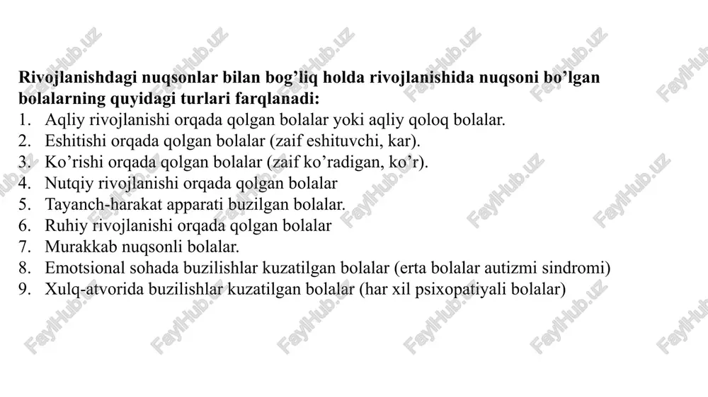 ktika, davolash-tashxis qo'yish, reabilitatsiya, sanatoriy-kurort, protez-ortopediya yordamini, harakatlanish vositalari bilan imtiyozli shartlarda ta'minlanishni va boshqa yordam turlarini o'z ichiga oladi. nogiron bolalar davlat sog'liqni saqlash, mehnat va aholini ijtimoiy muhofaza qilish tizimi muassasalarida bepul tibbiy-ijtimoiy yordam olish, o'z uylarida parvarish qilinish huquqiga ega. jismoniy va (yoki) ruhiy rivojlanishida nuqsonlari bo'lgan bolalarga tibbiy-ijtimoiy yordam ko'rsatish tartibi, ularga beriladigan imtiyozlar ro'yxati qonun hujjatlari bilan belgilanadi. jismoniy va (yoki) ruhiy rivojlanishida nuqsonlari bo'lgan bolalar ota-onasi yoki ota-onasining o'rnini bosuvchi shaxslarning arizasiga ko'ra o'zbekiston respublikasining davlat byudjeti, homiylik va boshqa jamg'armalarning mablag'lari hisobidan, shuningdek ota-onasi yoki ota-onasining o'rnini bosuvchi shaxslarning mablag'lari hisobidan ijtimoiy muhofaza tizimi muassasalarida saqlanishlari mumkin. e’tiboringiz uchun rahmat! image1.jpeg image2.jpeg image3.jpeg image4.jpeg image5.jpeg /docprops/thumbnail.jpeg