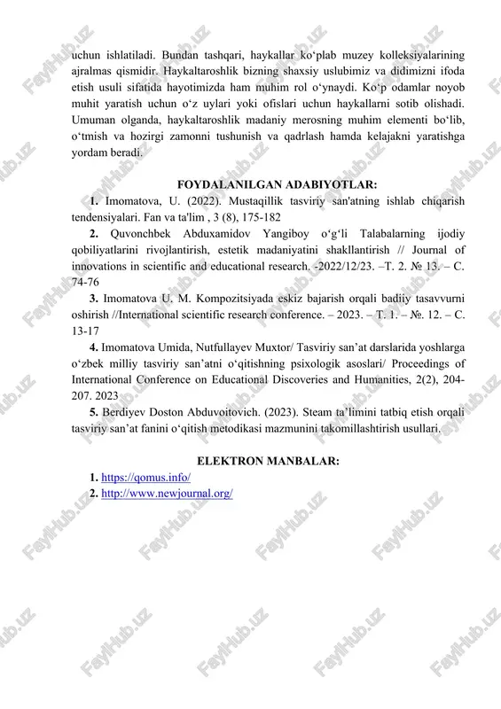 shlikda tanlangan xomashyo uning rangini belgilaydi. mahobatli va mahobatli-bezak haykaltaroshlik borasida qator asarlar yaratishda tosh, metall, shamot, sopol va boshqa qattiq materiallardan keng foydalanilgan. oʻzbekistondagi har bir meʼmoriy majmua sanʼatlar sintezi zaminida shakllantirilishi haykaltaroshlik rivojida muhim oʻrin egalladi. toshkent shahri, viloyatlar va tumanlar markazlarida bosh maydon, yirik xiyobon, koʻchalar va boshqa markazlarda maydonlar tashkil etildi, ularda davlat va fan, madaniyat arboblariga yodgorliklar oʻrnatildi: toshkentdagi pushkin (m.anikushin), samarqanddagi alisher navoiy va jomiy (h.husniddinxoʻjayev va v.lunev) hamda mirzo ulugʻbek (m.musaboyev) va boshqa haykallar. bezak haykaltaroshlikda afsonaviy ajdaho, kiyik va qoʻzichoqlar haykallari yaratilib, madaniy, maʼmuriy binolarning may-donlariga oʻrnatildi (toshkentdagi oʻzbekiston badiiyot akademiyasi markaziy koʻrgazmalar zali oldidagi haykallar va boshqa, samarqand muzeyi oldidagi ajdaho, buxoro inturist mehmonxonasi uchun ishlangan relyef va haykallar), favvoralarda haykaltaroshlik koʻrinishlari oʻz ifodasini topgan. dastgoh haykaltaroshlikning portret va animalistika janrlarida a.boymatov, a.shoymurodov, a.ahmedov, aka uka p. va m.ivanovlar, t.qosimov, d.roʻziboyev, keyinroq jabborov, t.toʻlaxoʻjayev va boshqa, qoraqalpoq haykaltaroshligida j.quttimurodov, toʻraniyozov va …