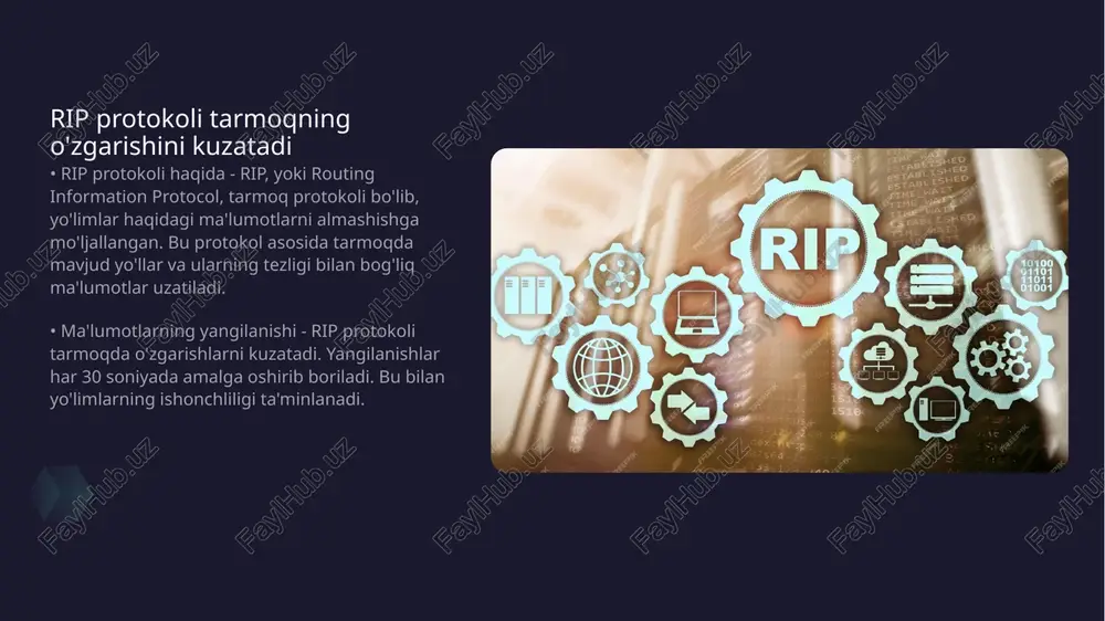 mkonini beradi. masalan, ripng ipv6 protokolini qo'llab-quvvatlaydi. rip marshrutlash jadvalini yangilashni talab qiladi • ripning asosiy printsiplari - rip yoki routing information protocol tarmoqda marshrutlash ma'lumotlarini almashishda ishlatiladi. bu protokol tarmoqning o'zgaruvchanligini ta'minlash uchun marshrutlash jadvalini muntazam yangilashni talab qiladi. • ja'zo va yangilanish - ripda marshrutlar har 30 soniyada yangilanadi. ushbu tez-tez yangilanish orqali tarmoqda o'zgarishlar tezda aks ettiriladi. • xato va muammolar - rip yangilanishlarining muvaffaqiyati tarmoqdagi barcha qurilmalarning to'g'ri ishlashiga bog'liq. yuqori yuklanish vaqti muammolarga olib kelishi mumkin. • natijalar - rip marshrutlash jadvalini yangilash tarmoq barqarorligini kuchaytiradi. ushbu jarayon tarmoqni samarali ishlatishga yordam beradi. rip protokoli udp orqali ishlaydi • rip protokoli haqida - rip protokoli, routing information protocol, tarmoq orqali ma'lumotlarni uzatish uchun ishlatiladi. u tarmoqni boshqarish va marshrutlarni yangilashda foydalidir. • udp protokoli haqida - udp, user datagram protocol, tezkor ma'lumot uzatishga mo'ljallangan. bu protokol, ma'lumot paketlarini uzatishda ishonchlilikni kafolatlamaydi, lekin tezlikni oshiradi. rip …