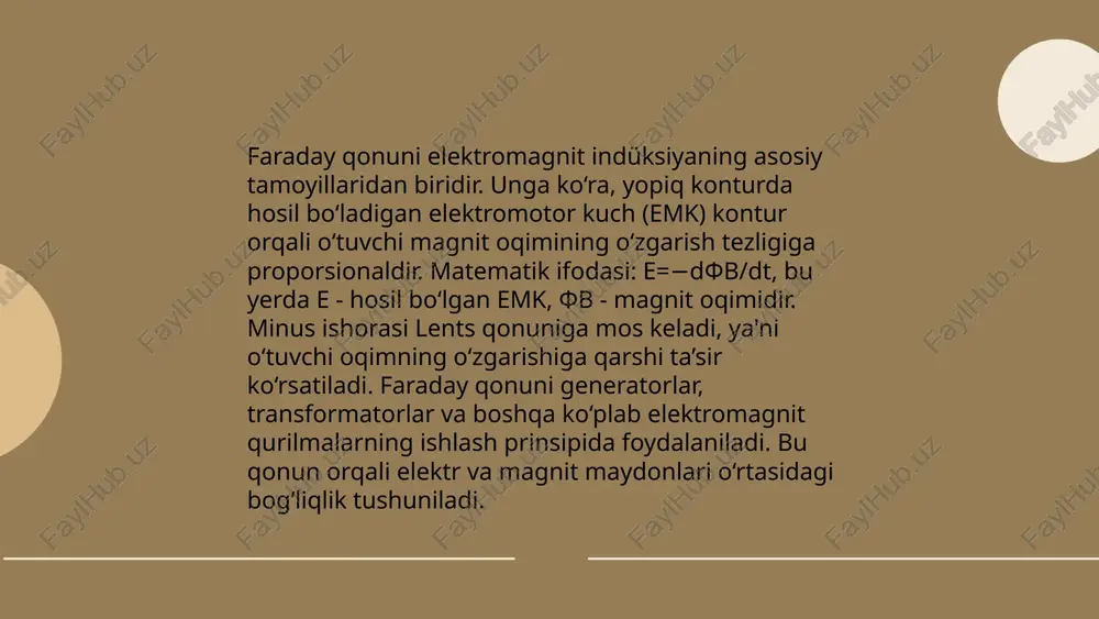 10% holatlarda kelajak avlodda yangi xususiyatlarni paydo qilishi mumkin. induktsiya orqali 5 yildan beri olib borilayotgan izlanishlar, yangi genofond yaratishga imkon beradi. ... t.me/slaydai_bot transformatorlar elektr energiyasini bir kuchlanish darajasidan boshqasiga o'zgartirish uchun elektromagnit induksiya prinsipidan foydalanadi. transformatorlar ikki asosiy qismdan iborat: birlamchi va ikkilamchi chulg'amlar. birlamchi chulg'am orqali o'tayotgan o'zgaruvchan tok magnit maydoni hosil qiladi. ikkilamchi chulg'am bu magnit maydonni kesib o'tganda, unda induksiyalangan emk hosil bo'ladi. chulg'amlar oralig'idagi kuchlanish va chulg'amlar soni nisbati transformatorning ishlash prinsipiga asoslanadi:u1/u2=n1/n2, bu yerda u1 va u2kuchlanishlari, n1 va n2 chulg'amlar sonidir. transformatorlar samaradorligi yuqori bo'lib, odatda 95-99% ni tashkil etadi. ... t.me/slaydai_bot induktivlik tushunchasi induktivlik tushunchasi elektr zanjirlarida elektromagnit maydonlar natijasida qarshilikni tushuntiradi. induktivlik birliklari genrida o‘lchanadi va bu l harfi bilan belgilanadi. induktivlikka ega zanjirda o‘tuvchi tok o‘zgarishi vaqtida elektromotor kuch hosil bo‘ladi. induktivlik sohasida mashhur tenglama l = n(φ/i) ni ifodalaydi, bu yerda n o‘ramlar soni, φ magnit oqim, va …