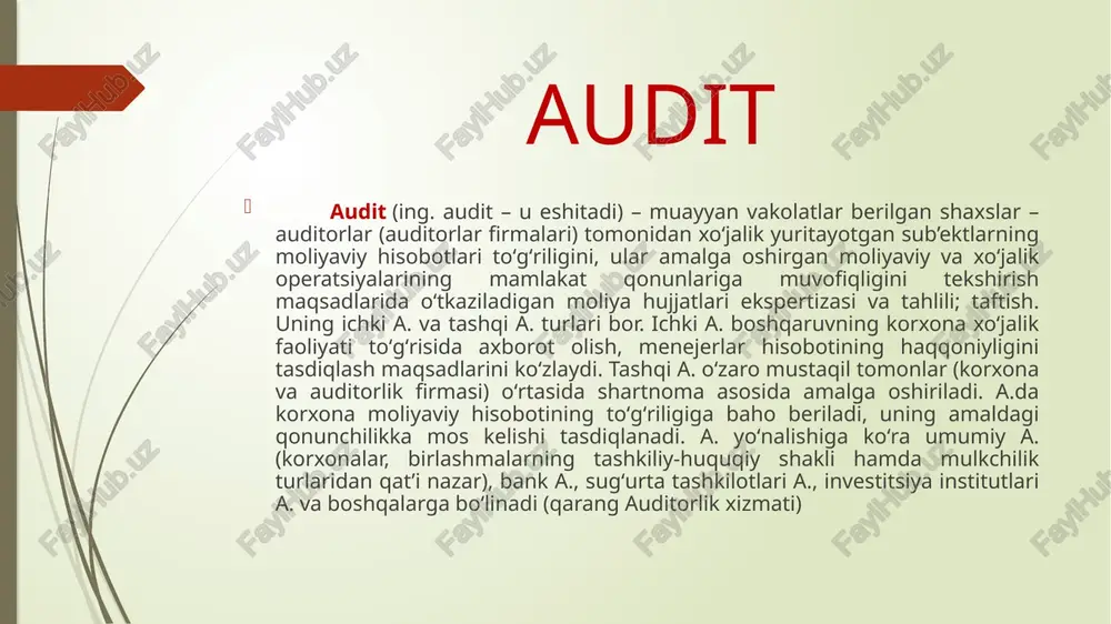 tomonidan o’tkazilishidadir. agarda auditor tekshirayotgan korxonaning mulkdori, ta’sischisi, boshlig’i yoki boshqa lavozimida ishlaydigan shaxsi bo’lsa, u holda auditorlik faoliyati uchun berilgan litsenziya bekor qilinishi ham mumkin tashqi audit korxonaning moliya-xo’jalik faoliyatini baholash hamda uning moliyaviy hisobotini tasdiqlash uchun o’tkaziladi. bundan tashqari tashqi audit xo’jalik yurituvchi sub’ektning xarajatlarini minimallashtirish va foydani maksimallashtirish maqsadida ularning faoliyatini yaxshilash, hisob ishlarini tashkil qilish va qayta tashkil qilish, hisob oshlarini yuritish, soliqqa tortish bo’yicha takliflar beradi. tashqi audit natijalari korxonaning buxgalteriya hisobi holati, ichki nazorat tizimi ahvoli, yillik moliyaviy hisoboti ishonchliligini tasdiqlovchi xulosada bayon qilinadi. bundan tashqari, tashqi audit natijalari loyihalar, sxemalar, biznes-rejalar, ma’lumotnomalar ko’rinishida taqdim etilishi mumkin. auditorlik tekshiruvi o’tkazilishining majburiy yoki majburiy emasligiga ko’ra 2 ga bo’linadi: majburiy audit; tashabbuskorlik auditi; xalqaro amaliyotda auditning uchta turi alohida ajratib ko’rsatiladi: operatsion audit; mos keluvchanlik audit; moliyaviy hisobotlar auditi; operatsion auditda barcha xo’jalik muomalalari va jarayonlari, ularning ish samaradorligiga va unumdorligiga bo’lgan ta’siri o’rganiladi. operatsion …