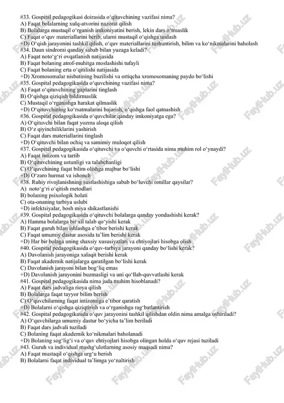 nday bo‘lishidan qat’iy nazar, ta’lim olish huquqiga ega bo‘lishi d) faqat akademik yutuqlarga e’tibor qaratish #23. ijtimoiy integratsiyaning asosiy maqsadi nima? a) faqat akademik yutuqlarga e’tibor qaratish b) imkoniyati cheklangan bolalarni alohida sinflarga ajratish +c) barcha bolalar bir xil sinfda va bir xil faoliyatlarda ishtirok etib, ijtimoiy jihatdan birlashishi d) maxsus ehtiyojli bolalar uchun alohida maktablar tashkil etish #24. o‘qituvchining inklyuziv ta’limdagi asosiy vazifasi nima? a) faqat maxsus ehtiyojli bolalar bilan ishlash b) sinfda faqat akademik natijalarga e’tibor qaratish +c) bolalarni o‘rganishga va o‘zaro munosabatlarga jalb qilish uchun yangi usullarni qo‘llash d) imkoniyati cheklangan bolalarni alohida guruhlarga ajratish #25. inklyuziv ta’limda aniqlash va baholash bosqichining asosiy maqsadi nima? a) imkoniyati cheklangan bolalarni umumiy sinflardan ajratish b) faqat akademik qobiliyatlarini tekshirish c) o‘quvchilarni faqat psixologik jihatdan baholash +d) o‘quvchilarning qobiliyatlari va imkoniyatlarini tahlil qilish #26. inklyuziv ta’limning nechta turi mavjud? a) 3 ta b) 4 ta +c) 5 ta d) 6 …