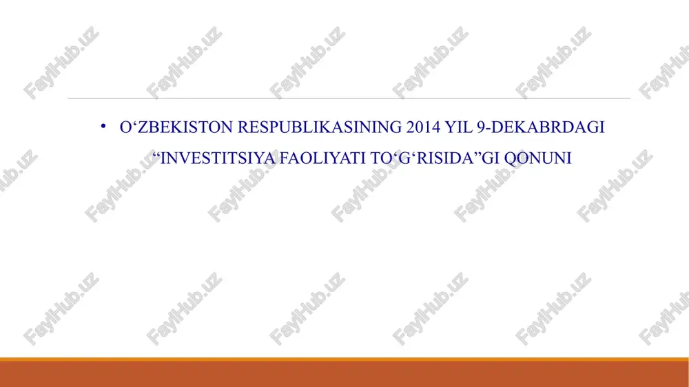 ‘sish surati, milliy daromad, inflyatsiya darajasi, foiz stavkasi, kredit foiz stavkasi, investitsiya risklar; huquqiy omillar - investitsiya faoliyati sohasida qonunchilik bazasining sifati va barqarorligini, mulk huquqlarini himoya qilinishini, investorlar manfaatlarini himoya qilishni, monopollashtirish, huquqiy tartib va boshqalar; ijtimoiy omillar - mamlakatdagi ijtimoiy vaziya, aholi turmush darajasi, o‘rtacha umr ko‘rish, savodxonli va ishsizlik darajasi; siyosiy omillar - siyosiy vaziyat, xorijiy mamlakatlar bilan xalqaro munosabatlar; ma’muriy omillar – (to‘siqlar) investitsion loyiha va biznesni amalga oshirishda turli darajadagi mansabdor shaxslarning har qanday to‘siqlari. makrodarajada investitsiya faoliyatiga ta’sir etuvchi omillar “investitsiya faoliyati to‘g‘risida”gi o ‘zbekiston respublikasi qonuni 24 dekabr 1998 yilda qabul qilingan, yangi nashri 2014 yil 9-dekabrda tasdiqlangan. o‘zbekiston respublikasi prezidentining “yangi o‘zbekiston ma’muriy islohotlarini amalga oshirish chora-tadbirlari to‘g‘risida” gi 2022-yil 24-dekabrdagi pf-269-son farmoni bilan investitsiyalar va tashqi savdo vazirligi negizida investitsiyalar, sanoat va savdo vazirligi tashkil etilgan. o‘zbekistonda investitsiya faoliyatining me’yoriy – huquqiy bazasi investitsiyalar, sanoat va savdo vazirligining asosiy vazifalari va …