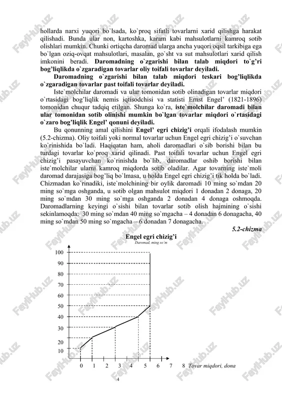 omillarning o`zgarishi talab hajmining o`zgarishiga qanday ta`sir ko`rsatishini qarab chiqamiz. 1. biror mahsulotga iste`molchi dididagi ijobiy o`zgarish ro`y bersa, narxning tegishli darajasida unga bo`lgan talab ortadi. bu o`rinda real hayotda iste`molchilar «moda», ya`ni biron-bir tovarning keng rusum bo`lgan turini sotib olishga harakat qilishlarini misol keltirish mumkin. iste`molchi didiga salbiy ta`sir ko`rsatadigan holatlar talabning qisqarishiga olib keladi. 2. o`z-o`zidan aniqki, bozorda iste`molchilar soni ko`paysa, talab ortadi, iste`molchilarning soni kamaysa, talab qisqaradi. masalan, aloqa vositalarining takomillashuvi xalqaro moliyaviy bozor doirasini, undagi qimmatli qog’ozlarning oldi-sotdi jarayonlarida ishtirok etuvchilar sonini mislsiz kengaytiradi hamda aktsiya va obligatsiya kabi moliyaviy aktivlarga bo`lgan talabning o`sishiga olib keladi. tug’ilish darajasining pasayishi bolalar bog’chasi va maktabga bo`lgan talabni kamaytiradi. 3. pul daromadi o`zgarishining talab hajmiga ta`siri boshqa omillarga qaraganda ancha murakkab. pul daromadining ortishi juda ko`p tovarlarga talabni nisbatan oshiradi, daromadning kamayishi esa bunday tovarlarga talabni kamaytiradi. daromad oshsa, uning o`sishiga qarab iste`molchilar aksariyat hollarda narxi yuqori bo`lsada, ko`proq …
