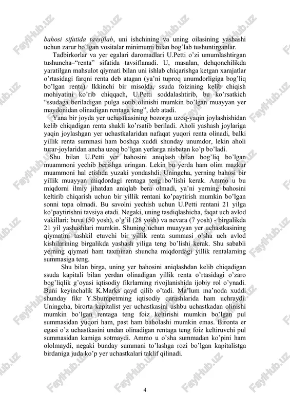 maytirishni qattiq turib ma’qulladi. u.petti savdogarlarni davlatning «qonini» taqsimlash bilan shug’ullanuvchi «o’yinchilar»ga o’xshatadi. u «qon» deganda qishloq xo’jaligi va sanoat mahsulotlarni nazarda tutadi. qiymat nazariyasi. u.pettining merkantilistlar g’oyasiga bo’lgan salbiy yondashuvi nafaqat boylikning mohiyatini va uni ko’paytirish yo’llarini tahlil qilishda, balki tovarlar qiymatining yaratilish tabiatini va bozorda ularning qimmati darajasiga ta’sir etuvchi omillarni aniqlashda ham o’z ta’sirini ko’rsatdi. bu boradagi uning tadqiqotlari keyinchalik uni qiymatning mehnat nazariyasining birinchi muallifi deb tan olinishiga sabab bo’ldi. umuman olganda, qiymatning mehnat nazariyasi klassik iqtisodiy maktabning asosiy belgilaridan biri hisoblanadi. u.petti nazariyalarining birida aytilishicha, tovar qiymati kumush qazib oluvchi mehnat bilan yaratiladi va uning «tabiiy bahosi» hisoblanadi; kumush qiymatiga tenglashtirilgan tovarlar qiymati esa ularning «haqiqiy bozor bahosi» hisoblanadi. ikkinchi bir joyda qayd qilinishicha, tovar qiymati mehnat va er ishtirokida yaratiladi. ya’ni u.pettining o’zi aytganidek, «kemaning yoki kamzul (syurtuk)ning qiymati qandaydir yer miqdori va qandaydir mehnat miqdori qiymatiga teng, chunki har ikkalasi – kema ham, …