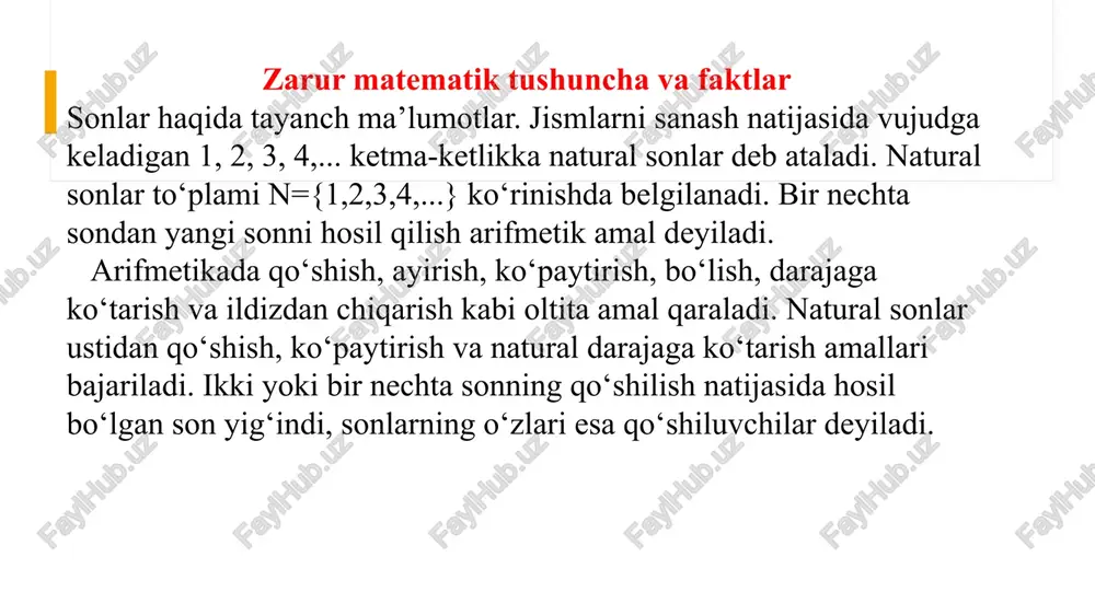 di. misol. a shaxs jamg‘arma bankiga 150 000 so‘m pulni 20 % yillik foiz stavkasi bilan 2 yilga qo‘ygan. ikkinchi yilning oxirida a shaxsning jamg‘armasi qancha bo‘ladi? yechish. birinchi yilning oxirida jamg‘arma 150 000+150 000 · 0,2= =50 000+30 000=180 000 so‘m bo‘ladi. ikkinchi yilning oxirida esa jamg‘armaning miqdori n=180000+180 000 · 0,2=216 000 so‘m bo‘ladi. bu natijaga yuqorida keltirilgan formuladan foydalanib ham erishish mumkin: nisbat. proportsiya. a sonning b songa nisbati deb, a ni b ga bo‘lishdan hosil bo‘lgan bo‘linmaga aytiladi. nisbat a:b yoki ko‘rinishda belgilanadi. ikki nisbatning tengligi proportsiya deb ataladi va u quyidagicha yoziladi: bu proportsiyada a va d lar chetki, b va s lar esa o‘rta hadlar deb ataladi. proportsiyaning asosiy xossalari. proportsiyaning chetki hadlar ko‘paytmasi uning o‘rta hadlari ko‘paytmasiga teng, ya’ni agar a : b=c : d bo‘lsa, u holda a · d = b · c bo‘ladi. misol. quyidagi proportsiyalardan x ni toping: yechish. …