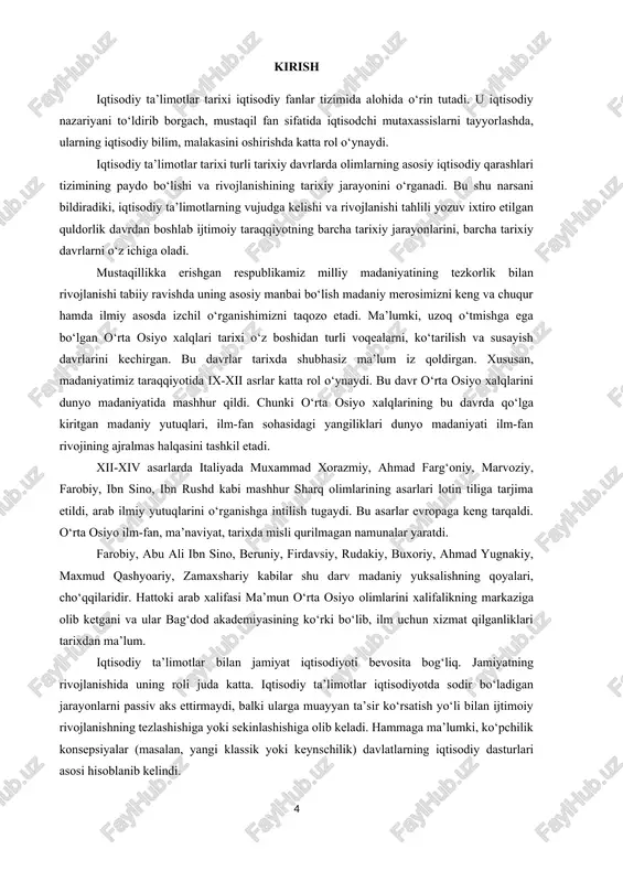 os. iqtisodiy ta’limotlar tarixi bo‘yicha mazkur o‘quv qo‘llanmada iqtisodiy fikrlarning paydo bo‘lishi va rivojlanishi, o‘rta asr davridagi iqtisodiy fikrlar, klassik iqtisodiy maktab tahlili va g‘arbiy evropa iqtisodiy fikrlari keng o‘rin oldi. o‘quv materiallari 1-mavzu. fanga kirish. qadimgi dunyo iqtisodiy g‘oyalari. o‘rta osiyo mutaffakirlari iqtisodiy g‘oyalari reja: 1. «iqtisodiy ta’limotlar tarixi» fanining predmeti. 2. fanning o‘rganish uslubiyoti (metodologiyasi) 3. qadimgi sharqdagi iqtisodiy g‘oyalar. 4. antik dunyo iqtisodiy qarashlari. 5. arab va g‘arbiy yevropa davlatlarida feodalizm davridagi iqtisodiy g‘oyalar. 6. ix-xv asrlarda o‘rta osiyodagi iqtisodiy fikrlar. mavzuga oid tayanch tushuncha va iboralar: iqtisodiyot, ehtiyoj, iqtisodiy resurslar, iqtisodiy ta’limotlar tarixi fanining predmeti, iqtisodiy qonunlar,iqtisodiy kategoriyalar,uslubiyat,dialektik usul. 1. «iqtisodiy ta’limotlar tarixi» fanining predmeti «tarixiy xotirasiz kelajak yo‘q» degan edi o‘zbekiston respublikasi birinchi prezidenti, akademik i.a.karimov. har qanday tarixni o‘rganish avvalo hozirgi kun va kelajak uchun ahamiyatlidir. taniqli yozuvchi va adibimiz abdulla qodiriy aytganidek: «moziyga qarab ish tutish xayrlidir». shu sababli iqtisodiy ta’limotlar tarixini o‘rganish …