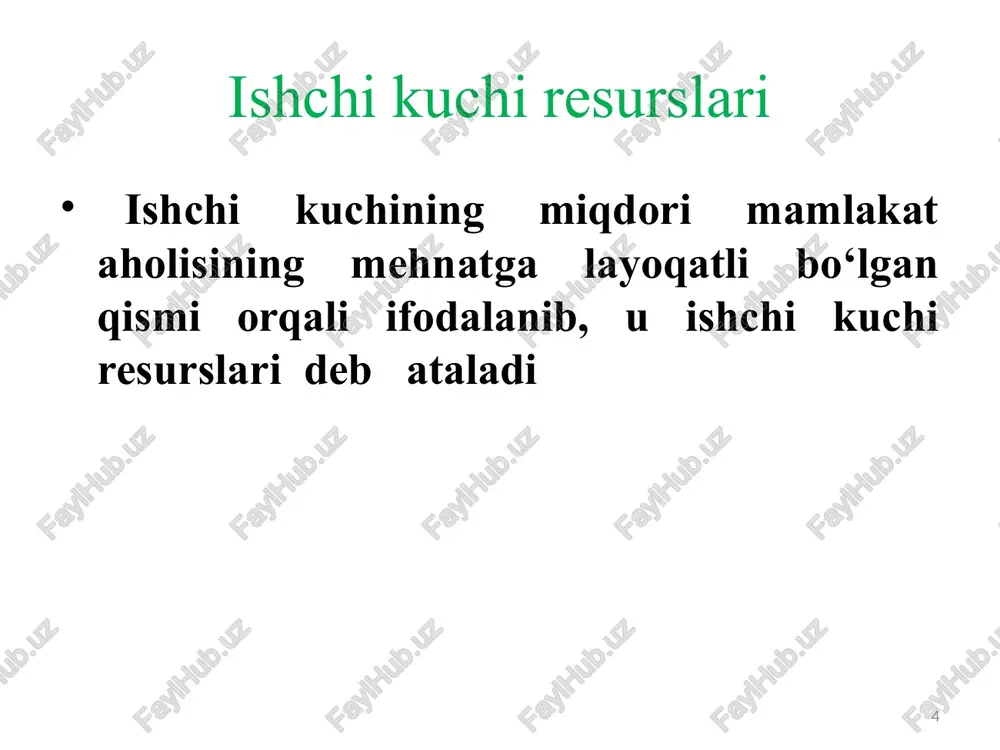 hududdan boshqa hududga muntazam davriy ravishda qatnab ishlashi bilan bog‘liq migratsiya mavsumiy migratsiya mavsumiy ish faoliyati bilan bog‘liq migratsiya; tasodifiy migratsiya ishchi kuchining ba’zi hollarda boshqa hududlarga borib kelishi bilan bog‘liq migratsiya . 2. ishchi kuchi bozori. ishchi kuchiga talab va uning taklifi nisbati 20 ishchi kuchi bozori ishchi kuchi bozori – bu xo‘jalik faoliyati jarayonida ishchi kuchi tovari egalari va uning asosiy iste’molchilari – davlat korxonalari, tashkilotlari va turli xil tadbirkorlar o‘rtasidagi oldi-sotdi munosabatlaridir. 21 ijtimoiy-iqtisodiy munosabat u mehnat sharoitlari va unga haq to‘lash miqdorlari, ishchilarning malaka darajasi, ular tomonidan bajarilayotgan ishlarning hajmi, intensivligi va mas’uliyat darajasi bo‘yicha tarkib topuvchi ijtimoiy-iqtisodiy munosabatlarning murakkab tizimini namoyon etadi. 22 har qanday bozor singari ishchi kuchi bozorida ham ikki qarama-qarshi tomon –talab va taklifning o‘zaro ta’siri amal qiladi ishchi kuchi talabi – bu muayyan vaqtda ish haqining tarkib topgan darajasida turli ish beruvchilar tomonidan ishchi kuchi miqdori va sifatiga bildirilgan talab odatda …