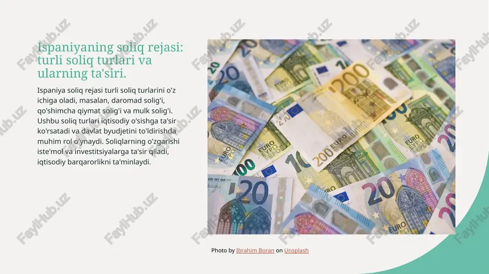 ud turli soliq turlari, shuningdek, ularning iqtisodiy faoliyatga ta'siri, jamiyatning farovonligini oshirishda muhim ahamiyatga ega. 03 iqtisodiy boshqaruv va soliq ispaniyada iqtisodiy boshqaruvning asosiy tamoyillari soliq siyosati bilan chambarchas bog'liq bo'lib, bu davlatning moliyaviy barqarorligini ta'minlaydi. e'tiboringiz uchun rahmat! image1.jpg image2.jpg image3.jpg /docprops/thumbnail.jpeg