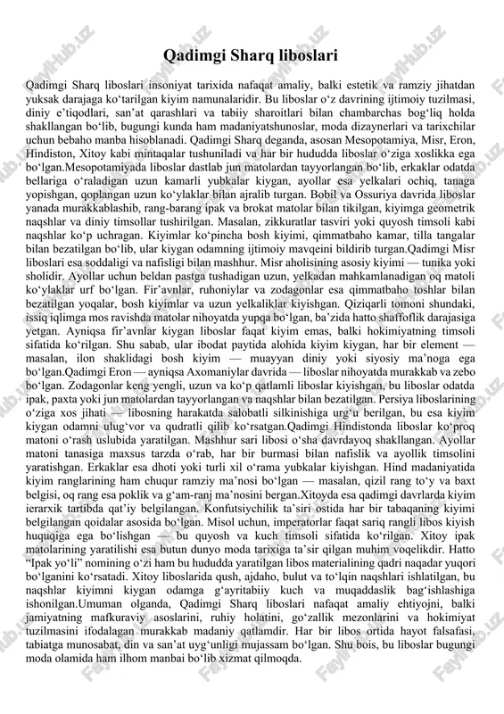 tabiatga moslashish va yashashni davom ettirish zaruratidan kelib chiqqan. dastlabki liboslar sovuqdan, quyoshdan, shamoldan, tikanli butalardan va hayvonlar hujumidan himoyalanish vositasi bo‘lgan. kiyinish g‘oyasining paydo bo‘lishida biologik instinkt, yashash uchun kurash va muhitga moslashish asosiy omillar bo‘lgan. arxeologik topilmalar va antropologik kuzatuvlarga ko‘ra, ibtidoiy insonlar avval hayvon terilarini tanasiga o‘rab yurishgan. bu terilar ovdan so‘ng o‘lja sifatida qolgan materiallar bo‘lib, ular nafaqat issiqlikni saqlab qolgan, balki ovchi yoki guruh sardorining jasoratini ifodalovchi ramziy belgiga aylangan. masalan, ba’zi qabilalarda yo‘lbars yoki ayiq terisini kiyish nafaqat kuch-quvvat ramzi, balki u insonning boshqa odamlardan ustunligini bildiruvchi ijtimoiy maqom belgisi bo‘lgan. bunda kiyim allaqachon nafaqat ehtiyoj, balki ijtimoiy funksiya ham kasb eta boshlagan. ibtidoiy jamiyatlarda kiyimlar ko‘pincha o‘simlik tolalari, daraxt po‘stlog‘i, yirik qushlarning patlari, baliq tangachalari va boshqa tabiiy materiallardan tayyorlangan. masalan, polineziya orollarida yashagan ibtidoiy qabilalar daraxt po‘stlog‘idan tayyorlangan mato — tapa matosidan foydalanishgan. bu mato maxsus urib yumshatilgan, quritilgan va zarur hollarda …