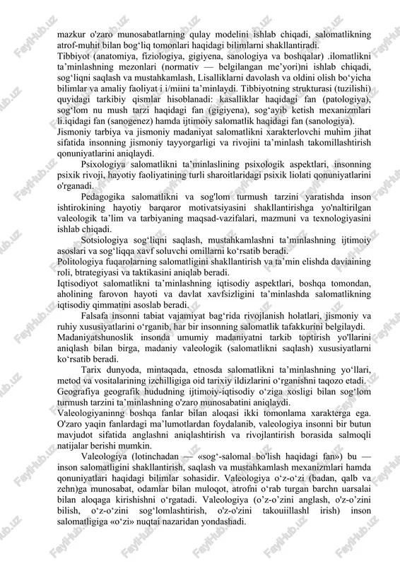 arni ishlab chiqishdan iborat. ‘ mustaqillik yillarida mamlakatimizda respublikamiz prezidentining qator farmonlari e’lon qilindi: 1993-yil 23-aprelda «sog‘lom avlod uchun» xalqaro xayriyajamg'armasini tashkil etish haqida»gi farmon qabul qilindi; 1999-yil dekabrida prezidentimiz 2000-yilni «sog‘lom avlod yili» deb e’lon qildi va sog‘lom avlod uchun kurashishning «umumxalq harakati»ni aniqlab berdi; 2005-yil «sihat-salomatlikyili», yil «homiylar va shifokorlar yili», 2007-yil «ijtimoiy ximoya yili» deb e’lon qilindi; jismoniy va ma’naviy sog‘lom avlodni milliy istiqlol g'oyasi, tarixiy va milliy qadriyatlar asosida yetuk shaxs sifatida tarbiya-lash, jamiyatda sog‘lom turmush tarzini shakllantirish, aholi salomatli-gini mustahkamlash, aholini jismoniy madaniyat va sport mashg‘ulot-lariga keng jalb etish, oilada onalik va bolalikning ijtimoiy himoyasini ta’minlash, ona va bola salomatligini mustahkamlash, reproduktiv salomatlikni yaxshilash, tibbiy va sanitar-gigiyenik madaniyat ni oshirish, aholi ongida shaxsiy gigiyenaga oid bilimlarni egallash, ko'nikma va malakalarni hosil qilishga ishtiyoqni shakllantirish, bu bilan bog‘liqlikda oila, ta’lim muassasasi va jamoatchilik hamkorligini mustahkamlash bo'yicha davlat dasturlari ishlab chiqildi, qonunlar, o'zbekiston rcspublikasi vazirlar mahkamasining qamrlari …
