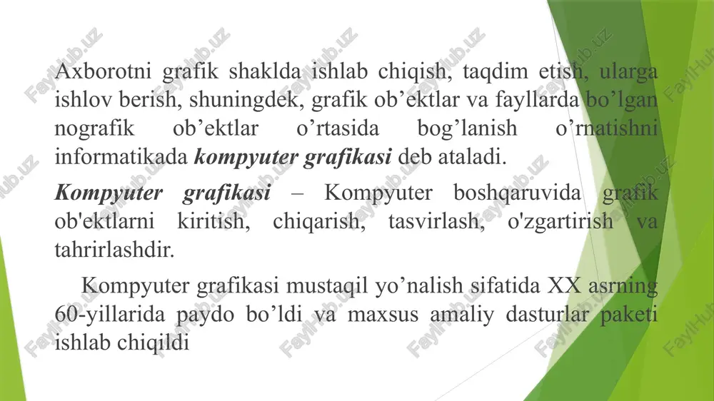 peg (joint photographic experts group) grafik formati ko’p rangli tasvir fayllarini tarmoqda ishlatish uchun mo’l­jal­langan bo’lib, foydalanish darajasi bo’yicha ikkinchi o’rinda turuvchi grafik format hisoblanadi. jpeg rang palitrasi 16 777 216 (true color) tagacha bo’lgan rangni saqlaydigan tasvirlarni zichlashtirish imkoniyatini beradi. bunday zichlashtirish tasvirning sifati yo’qolishi (lossy compression) hisobidan sodir bo’ladi. png grafik format web – sahifalarda tasvir va grafiklarni joylashtirish uchun maxsus yaratilgan zichlashtirish formati bo’lib deflate zichlashtirish algoritmidan foydalanadi. bu format gif va jpeg formatlarining afzal­lik tomonlarini o’zida mujassamlashtirgan. tif grafik format aldus kompaniyasi tomonidan photostyler dasturi uchun ishlab chiqilgan bo’lib “tegni tasvirlaydigan fayl” ma`nosini angla­ta­di. bu grafik format etarlicha murakkab bo’lsa ham uning strukturasi ma`lumotlarni yozishning qulayligi va tasvirni kengaytirishda katta imkoniyat mavjud. pcx grafik format zsoft firmasi tomonidan ishlab chiqilgan va paintbrush, hamda photofinish dasturlarida qo’llaniladi. bu grafik faylning tuzilishi sodda va ranglar palitra hajmi bo’yicha chegaralangan bo’lishiga qaramasdan yaqin vaqtgacha ommabop sanalib kelingan. bmp grafik …