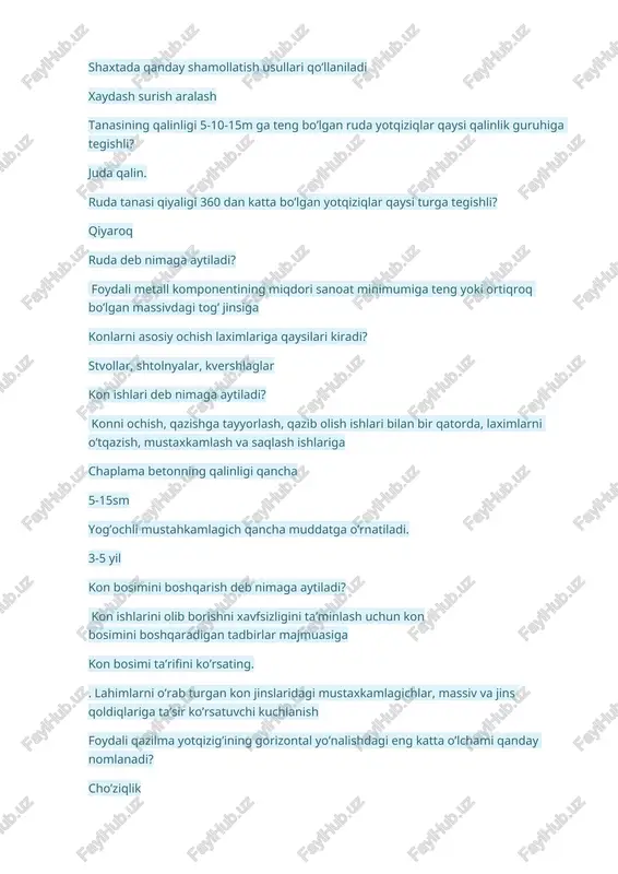 deganda nimani tushunasiz? yer yuzi bilan foydali qazilma yotqizig’i o’rtasidagi ishlab chiqarish aloqalarini ta’minlovchi tik, qiya va gorizontal laximlar barpo qilishni lentali konveyerlar qiyaligi qanday bo’lgan kon lahimlarida qo’llanishi mumkin? qiyaligi 180 gacha bo’lgan lahimlar kon lahimlarini saqlashga ta’sir etuvchi eng asosiy omilni ko’rsating. foydali qazilma jinslarining turg’unligi stvolni maxsus usulda o’tish qachon qo’llaniladi? suvli, loyli sharoitda rudani skvajinali qulatish qachon qo’llaniladi? ruda mustahkam bo’lmaganida va qalin bo’lganida rudani kamerali zaryad bilan qulatish qachon qo’llaniladi? ruda mustahkam bo’lmaganida va o’ta qalin bo’lganida burg’ulash-portlatish ishlari tog’ jinsining qanday qattikligida olib boriladi? o’rta qattiklikdagi va qattiq, tog’ jinslarida bremsberg deb nimaga aytiladi? qatlam bo’yicha o’tilgan yer yuzasi bilan bevosita bog’liq, bo’lmagan, asosan, foydali qazilmani tushirishga xizmat qiladigan kon lahimiga yer yuzi bilan tutashmaydigan qiya kon laximi, yuqori gorizontdan qazib olingan foydali qazilmani pastki gorizontga o’z og’irlik kuchi ta’sirida tushurishga xizmat qiladigan kon laximi bu….. kvershlag yer yuzi bilan tutashmaydigan qiya kon laximi, …