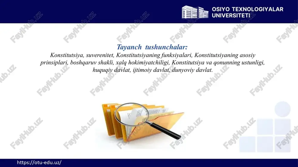 k prinsiplar asosida qabul qilingan qonunlar oldida barcha teng va hisobdor bo’lgan, hech kim qonundan ustun turmaydigan davlatdir. ijtimoiy davlat har bir inson uchun farovon turmush darajasi, xususan sifatli ta'lim, kafolatli tibbiy xizmat, munosib mehnat sharoiti va adolatli ish haqi, pensiya va nafaqalar, ijtimoiy yordam va xizmatlar tizimi yaratilgan, uy-joyli bo'lish sharoiti mavjud bo'lgan, ijtimoiy tafovutlar yumshatilgan, muvozanatlashgan, hech bir fuqaro o‘z muammolari bilan yolg'iz qolmaydigan adolatli davlatdir. dunyoviy davlat - diniy tashkilotlar va birlashmalar davlatdan hamda davlat hokimiyati dindan ajratilgan, davlat boshqaruvi diniy qoidalar bilan emas, balki konstitutsiya va qonun hujjatlari bilan tartibga solinadigan, qarorlar qabul qilishda diniy asoslarga tayanilmaydigan davlat hisoblanadi. 1.2. yangi konstitutsiyada konstitutsiya va qonunning ustunligi. insonning huquq va erkinliklari tushunchasi. xalq hokimiyatchiligi. xalq cheklanmagan hokimiyatga egaligi o'zbekiston respublikasi konstitutsiyasining 7-moddasida aks ettirilgan. unga muvofiq, xalq davlat hokimiyatining birdan-bir manbaidir. xalq suvereniteti, birinchidan, ayni mamlakatda xalq cheklanmagan hokimiyatga egaligini, ikkinchidan, xalq o‘z hokimiyatini bevosita hamda davlat …