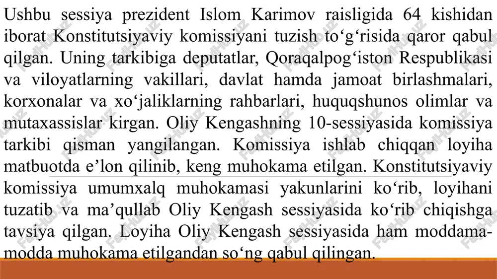 nstitusiyaviy sudi; oʻzbekiston respublikasi oliy sudi; harbiy sudlar; qoraqalpogʻiston respublikasi sudi, viloyatlar va toshkent shahar sudlari; qoraqalpogʻiston respublikasi maʼmuriy sudi, viloyatlar va toshkent shahar maʼmuriy sudlari; fuqarolik ishlari boʻyicha tumanlararo, tuman, shahar sudlari; jinoyat ishlari boʻyicha tuman, shahar sudlari; tumanlararo, tuman, shahar iqtisodiy sudlari; tumanlararo maʼmuriy sudlari yangi konstitutsiya. 10 ta asosiy o‘zgarish o‘zbekistonning 65 foizga yangilangan va ancha “to‘lishgan” bosh qomusi 1 maydan e’tiboran kuchga kirdi. kun.uz o‘zgarishlarning eng muhimlarini sanab o‘tadi. o‘zbekiston respublikasi konstitutsiyasining yangi tahriri 2023 yil 1 maydan e’tiboran kuchga kirdi. bunga 30 aprel kuni bo‘lib o‘tgan referendum natijasiga ko‘ra 11 ta moddadan iborat tegishli qonunning qabul qilinishi asos bo‘ldi. bu qonunning 1-moddasiga konstitutsiyaning yangi tahriri ilova qilingan. bunga qadar 1992 yildan buyon konstititutsiyaga jami 15 marta o‘zgartish kiritilgan edi. bu safar esa o‘zgarishlar ko‘lami kattaligi sabab hujjatning yangi tahriri qabul qilindi. yangilanish natijasida, bosh qomusdagi moddalar soni 128 tadan 155 taga, undagi normalar esa 275 …
