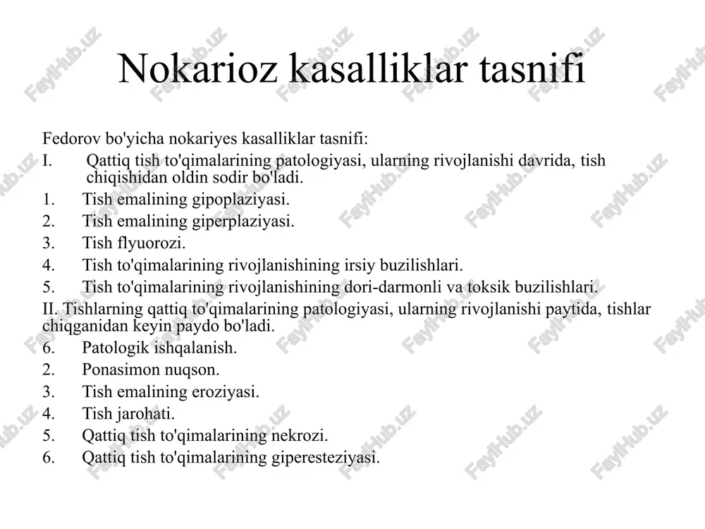 i (yivlar yakka yoki ko'p joylashgan, narvon shaklida). ko’rik. qattiq tish to'qimalarining tizimli gipoplaziyasi. dentinning kam rivojlanganligi: getchinson tishlari - yuqori jag'ning doimiy kesuvchi tishlarining tojlari kesuvchi chetida yarim oy shaklidagi nuqson bilan bochkasimon shakliga ega bo'ladi. defektning pastki qismi dentin ichida yotadi. fournier tishlari - shakli getchinson tishlariga o'xshaydi, lekin kesish qirrasi bo'ylab yarim oy kesuvlari yo'q. ko’rik. qattiq tish to'qimalarining tizimli gipoplaziyasi. dentinning kam rivojlanganligi: pflueger tishlari birinchi molarlarning konussimon shakli bo'lib, tish bo'yinining o'lchami chaynash yuzasinikidan kattaroq va bo’rtiqlari yaxshi rivojlanmagan bo'lsa, bir-biriga yaqinlasihganda konus hosil qiladi. ko’rik. qattiq tish to'qimalarining mahalliy gipoplaziyasi. bir yoki bir nechta tishlarning emalida mavjud bo’lgan, sariq-jigarrang dog'lar. tish shaklida o'zgarishlar bo'lishi mumkin - doimiy tishning emal yuzasida tirqishlar, aniq nuqtali chuqurliklar mavjud bo’lishi. differensial diagnostika kariyes dog’ shakli bilan umumiy belgilar: emal yuzasida oq va kulrang dog’ mavjudligi. kechishi og’riqsiz. umumiy belgilar: bo’yin qismida yakka shikastlanishlar, yuzasi g’adir bugur, bo’yaladi. image1.png …