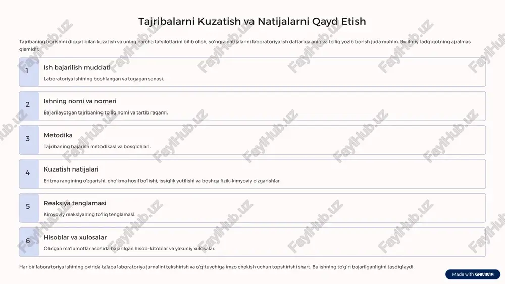 ki yordam choralarini ko'rish kerak. har bir xodim birinchi yordam ko'rsatishni bilishi zarur. termik kuyishlar teri issiqlikdan kuysa, tanani spirtli eritma yoki 2% kaliy permanganat eritmasi bilan ho'llash kerak. kimyoviy kuyishlar agar teri kimyoviy moddalar yordamida kuysa, avval teridagi moddalarni yo'qotish, so'ngra kuchli suv oqimi bilan yuvish kerak. shisha bilan jarohatlanganda jarohatlangan joyda shisha parchalari yo'qligiga ishonch hosil qiling. jarohatni spirt yoki yod bilan artib, steril bint bilan bog'lang. har qanday baxtsiz hodisalar yuz berganda bu haqida darhol o'qituvchiga xabar berish, so'ngra bu hodisani oldini olish choralarini ko'rish kerak. vaziyatni baholash va to'g'ri qaror qabul qilish juda muhim. 7 kimyoviy kuyishlarga dastlabki yordam kimyoviy moddalar bilan kuyishlar alohida e'tibor talab qiladi. to'g'ri va tezkor yordam ko'rsatish, jiddiy asoratlarni oldini olishi mumkin. kislota va ishqor eritmalari kuygan joyni kuchli suv oqimi bilan yuvish, so'ngra 1% natriy gidrokarbonat eritmasi bilan neytrallash (kislota uchun) yoki 1% sirka kislota eritmasi bilan ishlov berish (ishqor …
