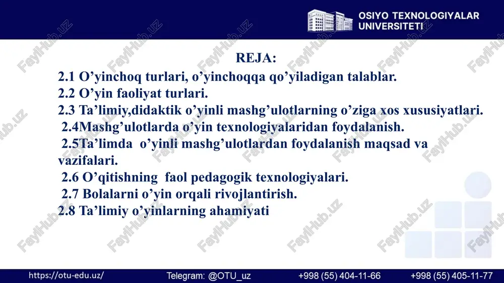 tini shakllantirish. ta’lim jarayonini interaktiv, qiziqarli va samarali qilish. asosiy vazifalari: o‘quvchilarni mustaqil fikrlashga yo‘naltirish. o‘quv jarayonida hamkorlik va muloqotni kuchaytirish. o‘quvchilarni o‘z bilimini baholash va tahlil qilishga o‘rgatish. innovatsion va zamonaviy texnologiyalarni qo‘llash. ta’lim samaradorligini oshirish va bilimlarni mustahkamlash. 2.7 bolalarni o’yin orqali rivojlantirish. maqsadlari: bolalarda bilishga qiziqish uyg‘otish. nutq, tafakkur, diqqat va xotirani rivojlantirish. jismoniy harakat va sog‘lom turmush tarziga o‘rgatish. ijodkorlik va mustaqil fikrlashni shakllantirish. jamoada ishlash va muloqot madaniyatini rivojlantirish. asosiy vazifalari: ta’limiy o‘yinlar orqali bilimlarni mustahkamlash. didaktik o‘yinlar yordamida mantiqiy fikrlashni rivojlantirish. harakatli o‘yinlar orqali sog‘lomlashtirish va jismoniy tarbiyani kuchaytirish. rolli o‘yinlar orqali hayotiy vaziyatlarga tayyorlash. o‘yin orqali bolaning qiziqish va qobiliyatlarini aniqlash bilimlarni mustahkamlash – o‘quvchilar o‘zlashtirgan bilimlarini qiziqarli tarzda takrorlaydi. qiziqish uyg‘otadi – dars jarayoni jonli, quvnoq va samarali kechadi. mantiqiy fikrlashni rivojlantiradi – muammoni yechish, xulosalar chiqarishga o‘rgatadi. ijodkorlikni oshiradi – yangi g‘oyalar yaratish va erkin fikrlashga yordam beradi. hamkorlik va muloqotni …