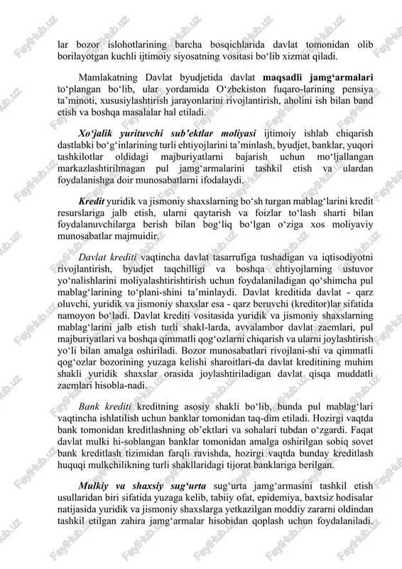 ‘jalik yurituvchi sub’ektlar) holda tashkil etilgan bo‘lsa, markazlashtirilgan jamg‘armalar bo‘lishi mumkin. moliya tizimining markaziy bo‘g‘ini mamlakatning davlat byudjeti bo‘lib, uning yordamida davlatning markazlashtirilgan pul jamg‘armasi tashkil etiladi va foydalaniladi. u davlat tomonidan o‘zining ichki va tashqi funksiyalarini amalga oshirishi uchun asosiy moliyaviy baza bo‘lib xizmat qiladi. moliya tizimining ushbu bo‘g‘inida mamlakat daromadlarining asosiy qismi hamda siyosiy, iqtisodiy va ijtimoiy xususiyatdagi eng muhim xarajatlari to‘planadi. davlat byudjeti moliya tizimining boshqa bo‘g‘inlari bilan o‘zaro uzviy bog‘liq bo‘lib, muvo-fiqlashtiruvchi markaz vazifasini bajaradi. o‘zbekiston respublikasi davlat byudjetining tarkibiy qismi qoraqalpog‘iston respublikasi byudjeti va mahalliy byud-jetlar hisoblanadi. hozirgi vaqtda bu bo‘g‘in iqtisodiyotga sa-marali ta’sir ko‘rsatish, xo‘jalik yuritish jarayonlarini tar-tibga solish, ishlab chiqaruvchi kuchlarni oqilona joylashtirish va h.k. uchun tobora ko‘proq foydalanilmoqda. mahalliy byudjet-lar bozor islohotlarining barcha bosqichlarida davlat tomonidan olib borilayotgan kuchli ijtimoiy siyosatning vositasi bo‘lib xizmat qiladi. mamlakatning davlat byudjetida davlat maqsadli jamg‘armalari to‘plangan bo‘lib, ular yordamida o‘zbekiston fuqaro-larining pensiya ta’minoti, xususiylashtirish jarayonlarini rivojlantirish, …
