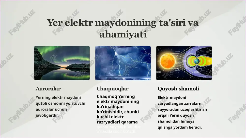yerning elektr maydonini tushunishdagi yutuqlar 1 texnologiyadagi yutuqlar cubesats va yuqori balandlikdagi sharlar kabi yangi texnologiyalar elektr maydonini yaxshiroq o'lchash imkonini beradi. 2 yaxshilangan atmosfera modellari atmosfera dinamikasini yaxshiroq tushunish elektr maydonini modellashtirish va bashorat qilish qobiliyatimizni yaxshilaydi 3 boshqa ma'lumotlar bilan integratsiya elektr maydoni ma'lumotlarini boshqa ma'lumotlar manbalari bilan birlashtirish yangi kashfiyotlar va ilovalarga olib kelishi mumkin. 12 xulosa qilib aytadigan bo’lsak, yerning elektr maydoni sayyoramizning tabiiy muhitining qiziqarli va murakkab jihatidir. ko’rinmas bo’lishiga qaramay, uning ta’siri chaqmoq, shuman rezonanslari va ob-havoga ta’siri kabi hodisalar orqali seziladi. yerning elektr maydonini tushunish va o’rganish nafaqat yer tizimlari haqidagi bilimimizni oshiradi, balki ilmiy tadqiqotlar va texnologik qo’llash uchun yangi yo’llarni ochadi. xulosa image2.png image3.png image4.png image5.png image6.png image7.png image8.png image9.png image10.png image11.png image12.jpeg image13.jpeg image14.jpeg image15.jpeg image16.png image17.png image1.jpg