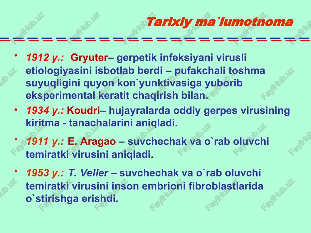 nishlarini oldini olish uchun kasallikning remissiya davrida maxsus profilaktika – vaksinasiya o`tkaziladi. inaktivasiya qilingan gerpetik vaksina qo`llaniladi. oddiy gerpes virusi qo`zg`atgan infeksiyalar davosi suvchechak va o`rab oluvchi temiratki virusi (varicella-zoster virus; vzv) suvchechak o`tkir yuqumli, virusli kasallik bo`lib, teri va shilliq qavatlarga polimorf, pufakchali toshmalarni to`lqinsimon toshishi va zaxarlanish belgilari bilan xarakterlanadi. suvchechak patogenezi havo-tomchi kontakt yo`l bilan yuqadi  yuqori nafas yo`llari shilliq qavati epiteliysida ko`payadi  limfa tomirlariga tushadi  qonga o`tadi  barcha teri va shilliq qavatlar epiteliysida qayta ko`payadi teri va shilliq qavatlarga toshma toshadi toshmalar yoriladi  virus boshqalarga yuqadi virus yo`ldosh orqali o`tadi  homila patologiyasi suvchechak - - _ · - -----=-- - - _-- - - -- - -- - -= - - - = ---= = ) juda tez tarqaladi havo-tomchi uo'l i bilan yuqadi homiladorlar va chaqaloqlarda og' ir kechadi varicella zo,ster virus jiddiy asoratlarga sabab bo' lishi mumkin klinik …