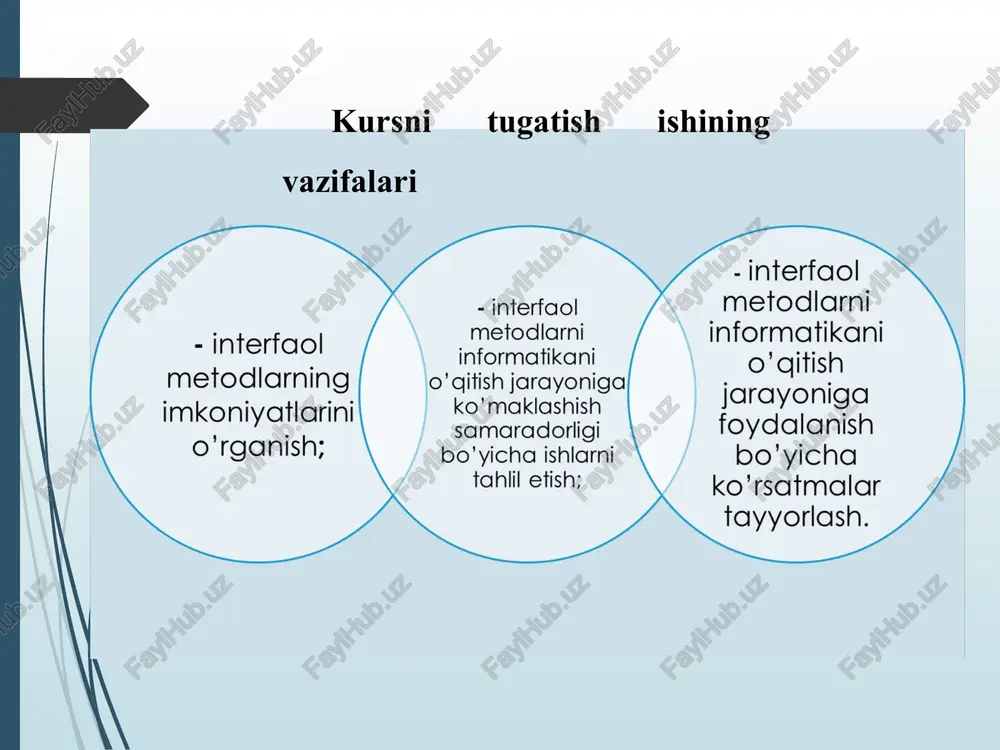 ini bildirishga yoki unga baho berishga haqqi yo‘q. "aqliy hujum" yordamida bir necha daqiqa ichida o‘nlab g‘oyalarni olish mumkin. g’oyalar soni asosiy maqsad emas. g’oyalar to‘g‘ri yechimini ishlab chiqish uchun asos bo‘ladi. qiziqtiruvchi texnologiyallar zamonaviy axborot texnologiyalarini samarali qo‘llash talabalarga bilim berish sifatini oshirish, uning mazmun-mohiyatini takomillashtirish, ta’limni zamonaviy talablar darajasida tashkil etish, ta’lim muassasalarida ta’lim samaradorligini oshirish maqsadida ta’lim- tarbiya jarayoniga yangi pedagogik, axborot texnologiyalarini joriy etish, ularda interfaol usul va vositalardan foydalanish ko‘zda tutilgan. shu sababli, bugungi kunda ta’lim muassasalarida faoliyat yuritayotgan «informatika» fani o‘qituvchilari oldida quyidagi muhim vazifalar turadi: talabalaming mustaqil bilim olish, o‘rganish qobiliyatlarini shakllantirish va rivojlantirishda fanning o‘rni va ahamiyatini oshirish; mashg‘ulotlarini zamonaviy pedagogik texnologiyalar asosida tashkil etish va o‘tkazish; talabalaming faolligini oshirish, o‘zlashtirish darajalarini rivojlantirishga yo‘naltirilgan metod va shakllarni qo‘llash; ta’lim jarayonida zamonaviy axborot texnologiyalaridan samarali foydalanish. xulosa bugungi kunda fan, texnika va innovatsion texnologiyalarni rivojlantirish natijasida ta’lim jarayonida interfaol uslublar (pedagogik va axborot …