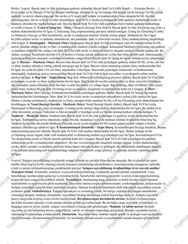 ishida savdo-sotiqning ahamiyati juda katta, chunki turizm sanoati va savdo-sotiq bir-biri bilan chambarchas bog'liqdir. quyidagi nuqtalarda savdo-sotiqning turizm rivojlanishidagi roli haqida to'liqroq tushuncha hosil qilish mumkin: mahsulot va xizmatlar taklifi: turizm sohasidagi xizmatlar (mehmonxonalar, turistik ekskursiyalar, transport xizmatlari, restoranlar va boshqa xizmatlar) turizmni rivojlantirishga bevosita ta'sir ko'rsatadi. savdo-sotiq orqali turistik joylarda talab qilinadigan mahsulot va xizmatlar etkazib berilishi, turizmning o'sishiga yordam beradi. mahalliy iqtisodiyotni qo'llab-quvvatlash: turistik savdo orqali mahalliy ishlab chiqaruvchilar, hunarmandlar va sotuvchilar o'z mahsulotlarini turistlarga taqdim etishadi. bu esa mahalliy iqtisodiyotning rivojlanishiga, ish o'rinlarining paydo bo'lishiga va turizm sanoatining kengayishiga olib keladi. xalqaro savdo va investitsiyalar: turizm sanoatining rivojlanishi xalqaro savdoni faollashtiradi. turistlar uchun yangi mahsulotlar va xizmatlarni taklif qilish, investitsiyalarni jalb qilish, yangi infratuzilma loyihalarini amalga oshirish kabi iqtisodiy jarayonlarni kuchaytiradi. brendlash va marketing: turistik joylar va xizmatlar brendlash orqali o'zlarini bozorga tanitishi va turistlarni jalb qilish imkoniyatiga ega bo'ladi. savdo-sotiq marketingi orqali turistik joylar o'z mahsulotlarini …