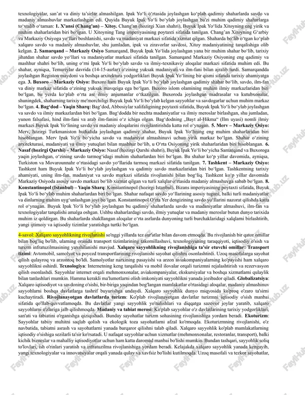 ishida savdo-sotiqning ahamiyati juda katta, chunki turizm sanoati va savdo-sotiq bir-biri bilan chambarchas bog'liqdir. quyidagi nuqtalarda savdo-sotiqning turizm rivojlanishidagi roli haqida to'liqroq tushuncha hosil qilish mumkin: mahsulot va xizmatlar taklifi: turizm sohasidagi xizmatlar (mehmonxonalar, turistik ekskursiyalar, transport xizmatlari, restoranlar va boshqa xizmatlar) turizmni rivojlantirishga bevosita ta'sir ko'rsatadi. savdo-sotiq orqali turistik joylarda talab qilinadigan mahsulot va xizmatlar etkazib berilishi, turizmning o'sishiga yordam beradi. mahalliy iqtisodiyotni qo'llab-quvvatlash: turistik savdo orqali mahalliy ishlab chiqaruvchilar, hunarmandlar va sotuvchilar o'z mahsulotlarini turistlarga taqdim etishadi. bu esa mahalliy iqtisodiyotning rivojlanishiga, ish o'rinlarining paydo bo'lishiga va turizm sanoatining kengayishiga olib keladi. xalqaro savdo va investitsiyalar: turizm sanoatining rivojlanishi xalqaro savdoni faollashtiradi. turistlar uchun yangi mahsulotlar va xizmatlarni taklif qilish, investitsiyalarni jalb qilish, yangi infratuzilma loyihalarini amalga oshirish kabi iqtisodiy jarayonlarni kuchaytiradi. brendlash va marketing: turistik joylar va xizmatlar brendlash orqali o'zlarini bozorga tanitishi va turistlarni jalb qilish imkoniyatiga ega bo'ladi. savdo-sotiq marketingi orqali turistik joylar o'z mahsulotlarini …