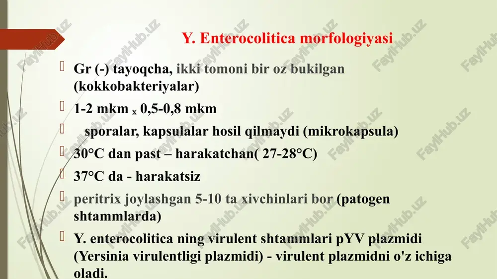i. shu komponentlar asosida vabo vibrioni uchta serologik tipga bo‘linadi (yaponiya): ogava – ab inaba – ac gikoshima - abc chidamliligi: past t ga chidamli, muzda - 1 oy. qaynatilgan suvda – 1 yil tuproqda – 3 oygacha axlatda – 3 kun sutda – 5 kun choyshablarda – 2 kun qaynatish va dez.eritmalarga chidamsiz patogenlik omillari kiprikchalari: adgeziya va kolonizatsiya xivchini tufayli harakatchan – xemotaksis fermentlari: neyraminidaza, mutsinaza, lesitinaza va boshq. ekzotoksin – xolerogen endotoksin (qayt qilish simptomini k/ch) patogenezi: kasallik manbai: bemor, rekonvalessent tashuvchi, sog‘lom tashuvchi, suv ob’ekti, gidrobiontlar yuqishi: alimentar: a) suv, oziq-ovqat mahs., b) maishiy- aloqa: ifloslangan qo‘l va chang; qo‘zg‘atuvchi = adsorbsiya – kolonizatsiya – neyraminidaza – ekzotoksin i/ch = adenilatsiklaza faollashadi – siklik amf to‘planadi = 24 s. = 30 l. qayt qilish = sutkada 7 l suyuqlik buning natijasida qon quyuqlashadi qon bosimi tushib ketadi teri quruq, ajinli harorat 30-32s ko‘z ichiga kirgan, yuz …