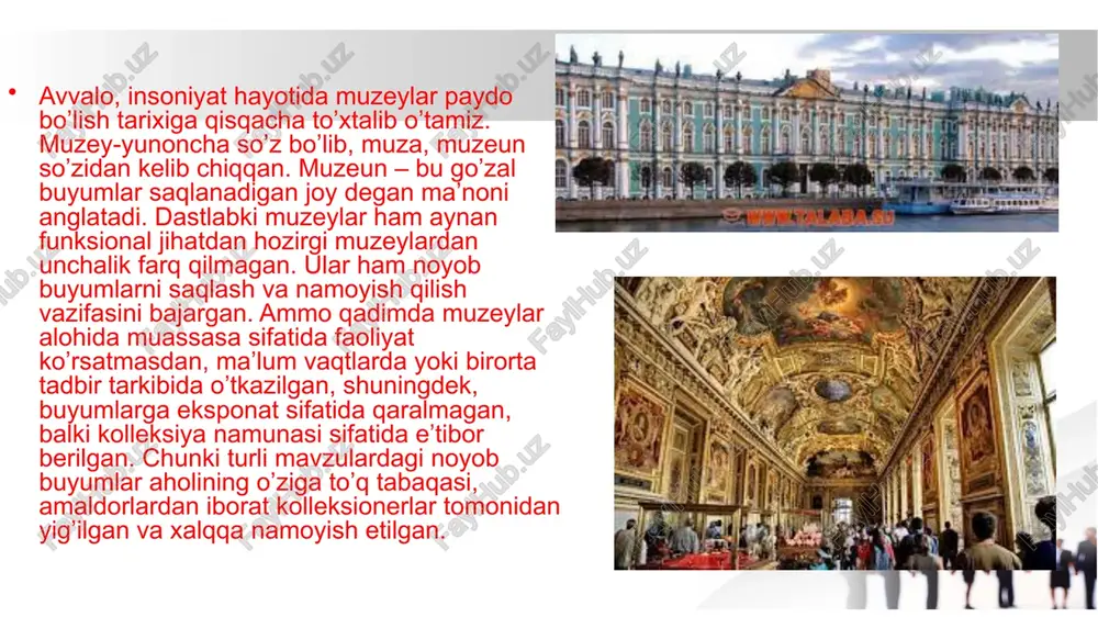 bilan boyitilgan edi.1888 yil muzey nizomi ishlab chiqilib, tasdiqlandi. unda muzey ixtisosi, vazifasi, ish xarakteri belgilab berildi. muzeyga rahbarlik qilish besh kishidan iborat nazorat komitetiga yuklandi. ustavga muvofiq muzeygga geologiya, botanika, zoologiya, etnografiya, arxeoliya, numizmatika, sanoat va qishloq xo’jaligi bo’yicha materiallar to’plash va saqlash huquqi berildi. muzey ekspozitsiyalari "ommaning o’rta osiyo asarlari bilan tanishuvi va to’plangan materiallarni olimlar o’z sohalari bo’yicha o’rganishlari uchun" (uzssr. m.d.a, i-1 fopt 16-ro’yxat 359 ish, 32-varak) ochildi. o’rta osiyodagi ikkinchi muzey 1896 yil 21 iyulda samarqandda ochildi. 1884 yil yangi marg’ilonga qishloq xo’jalik va davlat mulkini ministri kelishi munosabati bilan tashkil etilgan sanoat va qishloq xo’jalik ko’rgazmasi fargona muzeyining ochilishiga asos soldi. shundan so’ng birin-ketin boshqa joylarda ham muzeylar ochila boshlandi. misol uchun 1899 yil ashxobot muzeyi ochildi. mustamlaka ma’muriyati muzey ekspozitsiyalardan, hukumron metropoliya g‘oyalarini targ‘ib qilish uchun foydalanar edi. bu ishda rus burjuaziyasi, savdogarlar hamda korchalonlar, mustamlaka tabiiy boyliklarini suiste’mol qilishdagi o‘z yutuqlarini namoyish …