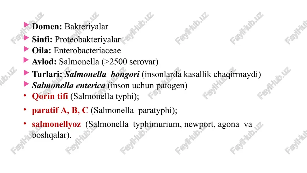 teriologicheskiy metod. kulturi salmonell chashe vsego udaetsya videlit iz ispraj­neniy bolnix, neskolko reje — iz rvotnix mass i promivnix vod jeludka, eshe reje — iz krovi, mochi i jelchi. videlenie salmonell iz krovi, kostnogo mozga, spinnomozgovoy jidkosti, rvotnix mass i promivnix vod jeludka podtverjdaet diagnoz salmonelleza. u bakterionositeley salmonelli mojno obnarujit v kale, moche, jelchi. bakterioskopicheskiy metod: okraska po gramu serodiagnostika opredelenie rezistentnosti k antibiotikam 19 25 profilaktikasi: oziq ovqat bloklarida ishlovchilar orasida tashuvchilarni aniqlash suv havzalarini sanitar-bakteriologik nazorat qilish kasallarni 3 marta bak.tekshirishdan o‘tkazish allergik sinama qo‘yish (vi-typhinum). maxsus profilaktikasi: adsorbsiyalangan vaksina. spirtli va vi antigen bilan boyitilgan vaksina. o‘choqda muloqotda bo‘lganlarga bakteriofag beriladi ovqatdan zaharlanishni keltirib chiqaruvchi qo‘zg‘atuvchilarga xarakteristika ovqatdan zaharlanishlar mikroblar va zaharli moddalar bilan zararlangan mahsulotlarni iste’mol qilish bilan bog‘liqdir. bundan kelib chiqadiki, ovqatdan zaharlanishlar: mikrobsiz (noinfeksion) mikrobli (infeksion) turlarga bo‘linadi mikrobsiz ovqatdan zaharlanishlar zaharli mahsulotlar o‘simlik mahs-t/i zaharli qo‘ziqorinlar zaharli mevalar sporinya hayvon mahs-t/i marinka …