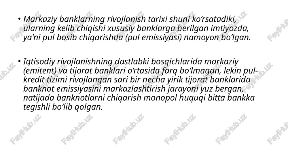 bankining dastlabki nomi o‘zbekiston ssr davlat banki bo‘lgan va o‘zbekiston ssr oliy kengashi tomonidan 1991 yil 15 fevralda qabul qilingan «banklar va bank faoliyati to‘g‘risida»gi qonun asosida faoliyat ko‘rsatgan. so‘ngra 1991 yil 30 sentyabrda konstitusiyaga o‘zgartirishlar kiritilgach, o‘zbekiston ssr davlat banki o‘zbekiston respublikasi davlat banki deb, 1992 yil 2 iyulda esa o‘zbekiston respublikasi markaziy banki deb nomlangan. o‘zbekiston markaziy bankining huquqiy maqomi, vazifalari, funksiyalari, vakolatlari, tashkil etish va faoliyat ko‘rsatish tamoyillarini belgilovchi hujjatlari bu o‘zbekiston respublikasi konstitusiyasi (xxv bob, 124-modda), «o‘zbekiston respublikasi markaziy banki to‘g‘risida», «banklar va bank faoliyati to‘g‘risida»gi qonun va boshqa rasmiy qonun hujjatlaridir. o‘zbekiston respublikasi markaziy banki tarkibiga quyidagilar kiradi: markaziy bankning 14 ta hududiy bosh boshqarmalari, shu jumladan o‘n ikkita hududiy bosh boshqarmalar, markaziy bankning toshkent shahri bo‘yicha bosh boshqarmasi va qoraqalpog‘iston respublikasi bo‘yicha asosiy territorial boshqarmasi; 10 ta tasarrufdagi tashkilotlar. markaziy bankning asosiy maqsadlari quyidagilardan iborat: - narxlari barqarorligi; - bank tizimining barqarorligi va rivojlanishi; …