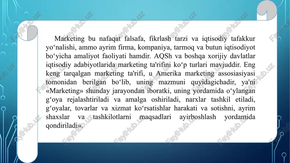 r tomonidan koʻplab chop etilmoqda. marketingni rivojlanish tarixi 1.3. marketing nazariyasi konsepsiyasi va uning evolyusiyasi marketing konsepsiyasi (marketing faoliyati konsepsiyasi) – bu shunday yoʻl yoki yondashuvki, uning asosida korxona oʻzining marketing faoliyatini yurgizadi. marketing konsepsiyasi rejalashtirilayotgan va amalga oshirilayotgan firma faoliyatining strategik tahlili asosida ishlab chiqiladi. marketing konsepsiyasini ishlab chiqish odatda quyidagi bosqichlarni qamrab oladi: 1.3. marketing nazariyasi konsepsiyasi va uning evolyusiyasi ichki va tashqi muhit strategik tahlilini amalga oshirish; marketing faoliyati va korxonaning maqsadlarini aniqlash; marketing strategiyasini aniqlash; rejalashtirilayotgan natijalarga erishish maqsadida marketing faoliyati elementlarini tanlash. marketing konsepsiyasi bu boshqaruv falsafasidir. u esa, tovar ishlab chiqaruvchilarga iste'molchilarning ehtiyojlarini qondirish natijasida foyda olishlari uchun yordam beradi. buning uchun har kuni va uzoq muddat davomida quyidagilarga diqqat e'tiborni jalb etish lozim: tadbirkorlik faoliyatini faollashtirishga; bozorga; iste'molchilarning maqsadli guruhlariga; bosh strategik maqsadlarga. marketing konsepsiyalari ishlab chiqarishni takomillashtirish konsepsiyasi tovar yoki xizmatni takomillashtirish konsesiyasi o`zaro aloqaviy marketing konsepsiyasi ijtimoiy yo`naltirilgan maketing konsepsiyasi sof …