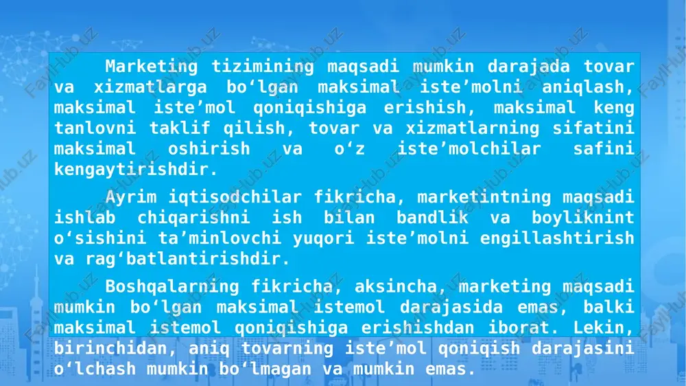 xona faoliyati uni qoniqtirsa va boshqa chora qo‘llanilishi salbiy natija bersa, bu strategiya o‘zini oqlagan hisoblanadi. bu strategiya xavfli bo‘lishi ham mumkin, chunki u harakatdan to‘xtab turishga chorlaydi. bu esa raqobatchilar uchun qo‘l kelib, korxona xizmatlarini bozordan siqib chiqarishga olib kelish ehtimolini tug‘diradi. 3. orqaga chekinish strategiyasi. bu strategiyada korxona o‘z raqobatdoshlaridan ko‘rsatkichlar jihatidan orqada qolayotganini sezsa, bu holda bozorda harakatni to‘xtatishi ma’qul hisoblanadi, sobiq sheriklar bilan aloqani uzmaslik maqsadga muvofiqdir. bu strategiya korxona marketingining kelajak faoliyati uchun yaxshi maktab bo‘lishi va undan to‘g‘ri xulosa chiqarishiga yordam berish mumkin. korxona marketingi korxonaning uzoq strategiyasini tuzar ekan, o‘z iste’molchilari va jamiyat manfaatlarini hisobga olishi zarur. bu va shunga o‘xshash muammolar tamoman yangi, zamonaviy konsepsiya paydo bo‘lishiga olib keladi. yangi konsepsiya — ijtimoiy-axloqiy marketing bo‘lib, uning mohiyati jamiyat, firma, xaridor manfaatlarining muqobilligini ta’minlashdir. bu konsepsiya korxona marketingini ham qamrab oladi. korxona marketingi ham o‘z faoliyatini jamiyat manfaatlari nuqtai nazaridan amalga oshirmog‘i lozim. …