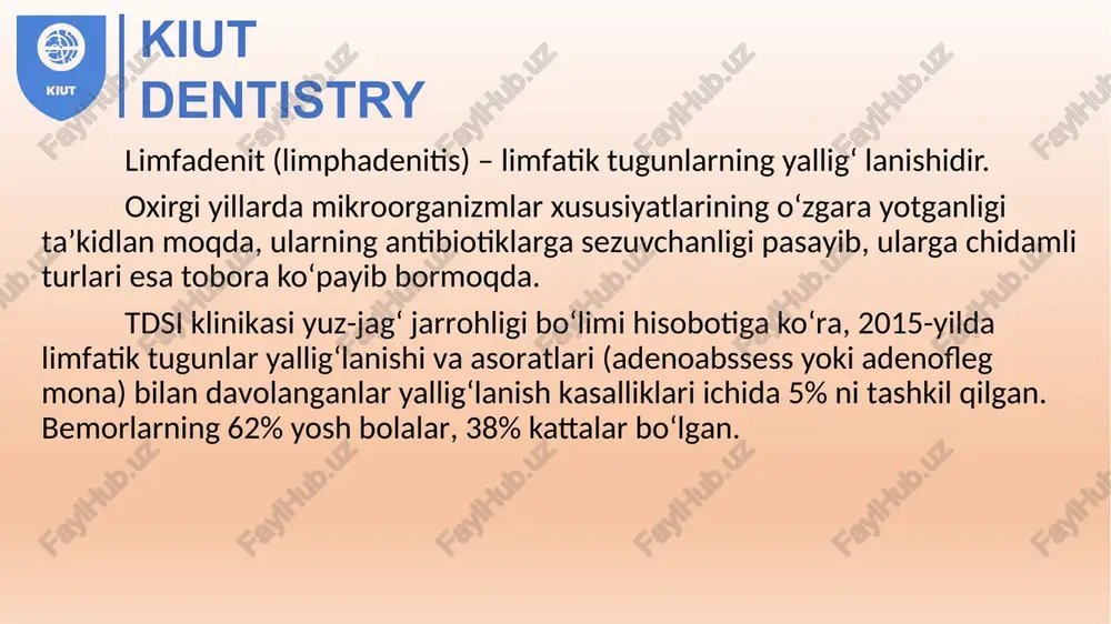 aydo bo‘lganligi, tana harorati ning ko‘tarilishi, bolaning umumiy holsizligi va injiqlanib bezovta bo‘lishiga. klinik manzarasi. o‘tkir zardobli limfadenit barvaqt aniqlanib, davolash choralari o‘tkazilmasa, o‘tkir yiringli limfadenitga aylanadi. tana harorati 37,5–38°c ga ko‘tariladi. bemor hol sizlanadi, uyqusi buziladi, asabiylashadi. o‘zgarishlar bolaning yoshi, somatik holati va kasallik sababiga bog‘liq. infeksiya quloqdan tushgan (otogen) bo‘lsa – quloq oldi, jag‘ orti sohasidagi bezlar; yuz terisidagi (dermatogen) yara-chaqadan – yaraga yaqin (regionar) bezlar; og‘iz va burun bo‘shlig‘i shilliq pardasidan (stomatogen, rinogen, tonzillogen) – jag‘ osti, dahan osti sohalarida bir necha bezlar kattalashgan bo‘ladi. paypaslaganda yon ma-yon joylashgan bir necha og‘riqli, kattalashgan bezlarni, ayrim hollarda bir-biri kiut dentistry davolash. yiringlagan limfa bezi (adenoabssess) sohasida kesma o‘tkaziladi, yiring evakuatsiya qilinib, operatsion jarohatda drenaj qoldiriladi. so‘lak bezi perifokal yallig‘lanishga jalb etilganligi uchun tuzalish muddati biroz uzayadi. sog‘ayish muddatini qisqartirish maqsadida gidrokortizon bilan fonoforez, dimek sid, kaliy yodid bilan elektroforez, lazer bilan nurlantirish o‘tkaziladi. asoratlar. operatsiya o‘tkazilayotganda so‘lak bezi …