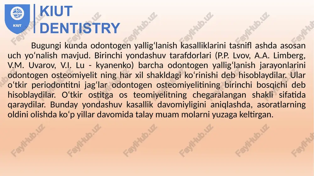 dont to‘qima o‘rnini fibroz to‘qima egal laydi. hosil bo‘lgan fibroz to‘qima biroz kengaygan periodontal oraliqni egallaydi va qo‘shimcha davoga zarurat bo‘lmaydi. kiut dentistry o‘tkir cho‘qqi periodontit to‘liq davolanmasa jarayon surunkali shaklga o‘tadi. ildiz uchi atrofida suyakda yemirilish o‘chog‘i hosil bo‘ladi. uning atro f ida biriktiruvchi to‘qimadan fibroz qobiq hosil bo‘lib, u granuloma nomini oladi (i.g. lukomskiy). granuloma bir tish parodonti sohasidagi suyakda shakllanadi. shu sababli uni surunkali granulomali ostit deb atash to‘g‘ri bo‘ladi. kiut dentistry bir tish parodontida yallig‘lanish aktiv kechsa jarayon suyak va uning iligiga tarqaladi, suyak rezorbsiyaga uchrab uning o‘rnini granulatsion to‘qima egallaydi. organizmdagi turli holat va omillar tufayli yemirilish o‘chog‘i kengayib boradi va jag‘ning tashqi yuzasiga – og‘iz ichiga (o‘tuv burmaga) yoki terigacha yorib chiqib, oqma yo‘l hosil qiladi. bu jarayonni ham periodontit deb atash to‘g‘ri bo‘lmaydi. jarayon bir tish parodonti chegarasidan boshlanib, surunkali destruktiv shaklda ke chib, jag‘ suyagining kortikal qatlamini, suyak usti pardasi, yumshoq to‘qimalarni …