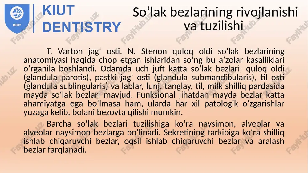 ridan birida shish aniqlanadi (3.42-rasm). shish tez kattalashadi, ustidagi teri qizarib taranglashadi. so‘lak-tosh kasalligi kiut dentistry etiologiyasi va patogenezi. so‘lak-tosh kasalligi (sialolitiasis) so‘lak chiqaruv yo‘li (nayi)da yoki bez parenximasi ichida konkrement (tuzlar to‘planishidan hosil bo‘lgan zich modda) paydo bo‘lishidir. tosh so‘lakning nay orqali og‘iz bo‘shlig‘iga chiqishiga to‘sqinlik qiladi. so‘lak-tosh kasalligining etiologiyasi hanuzgacha to‘liq o‘rganilmagan. so‘lak-tosh kasalligi nomini 1879-yilda sherer kiritgan. hozirgi davrda so‘lak-tosh kasalligi patogenezida katta o‘rin tutuvchi moddalar almashinuvi (qon va so‘lak tarkibida kalsiy hamda fosfor miqdorining ortishi), a vitaminining yetishmasligi va boshqa sabablar alohida ta’kidlanadi. kiut dentistry so‘lak toshining joylashishi (lokalizatsiyasi)ga ko‘ra, kasal likning quyidagi shakllari farqlanadi: so‘lak yo‘li (old, o‘rta, orqa qismlari) tosh kasalligi, odatda, so‘lak chiqaruv nayining old qismida joylashadi. parenximada joylashgan so‘lak-tosh kasalligi. so‘lak (tosh o‘zi chiqib ketishi yoki jarrohlik usuli bilan olinganidan so‘ng) bezining surunkali yallig‘lanishi. kiut dentistry shikoyatlar. odatda, bolalar ovqat (ayniqsa, nordon, sho‘r taomlar) iste’mol qilayotganlarida bezning kattalashib ketishi, og‘riq paydo bo‘lishi, …