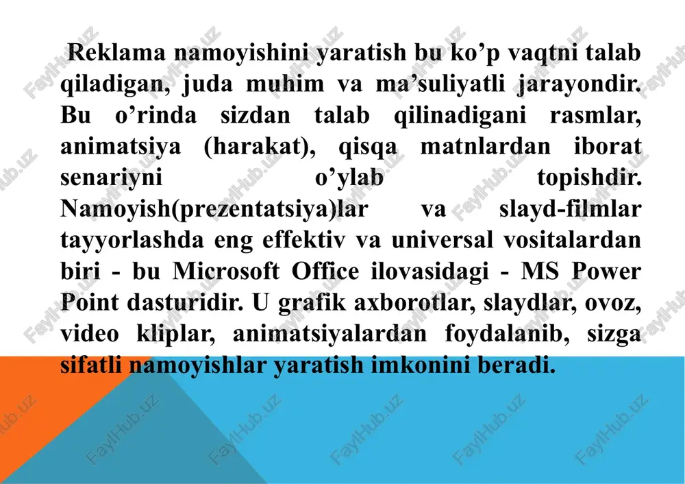 uchun yana bir bor tasmadagi glavnaya vkladkasidagi slaydi panelidan razdelni tanlang va ochilgan ro’yxatdan pereimenovat razdel buyrug’ini tanlang. 6.ochilgan muloqot oynasiga bo’lim uchun nom kiritib pereimenovat tugmasini bosing. 7.shu ketma-ketlikni takrorlsh bilan yana boshqa bo’limlar hosil qiling. 8.bo’lim nomi oldidagi uchburchak belgisini bosish orqali bo’limni tugib qo’yish yoki ochib yuborish mumkin. adabiyotlar 1.m.aripov, b.begalov, u.begimqulov, m.mamarajabov. axborot texnologiyalar. o'quv qo'llanma. t.: “noshir”, 2009. 2.m.m.aripov, f.a.kabiljanova, z.x.yuldashev. «informatsionnie texnologii» (uchebnoe posobie dlya studentov vuzov), tashkent 2004, nuuz 3.katherine m. first look office 2010. microsoft press.podrazdelenie korporatsii maykrosoft. one microsoft way. redmond, washington 98052-6399. © korporatsiya maykrosoft (microsoft corporation), 2010. image3.png image4.png image5.png image6.png image7.jpeg image8.jpeg image9.jpeg /docprops/thumbnail.jpeg