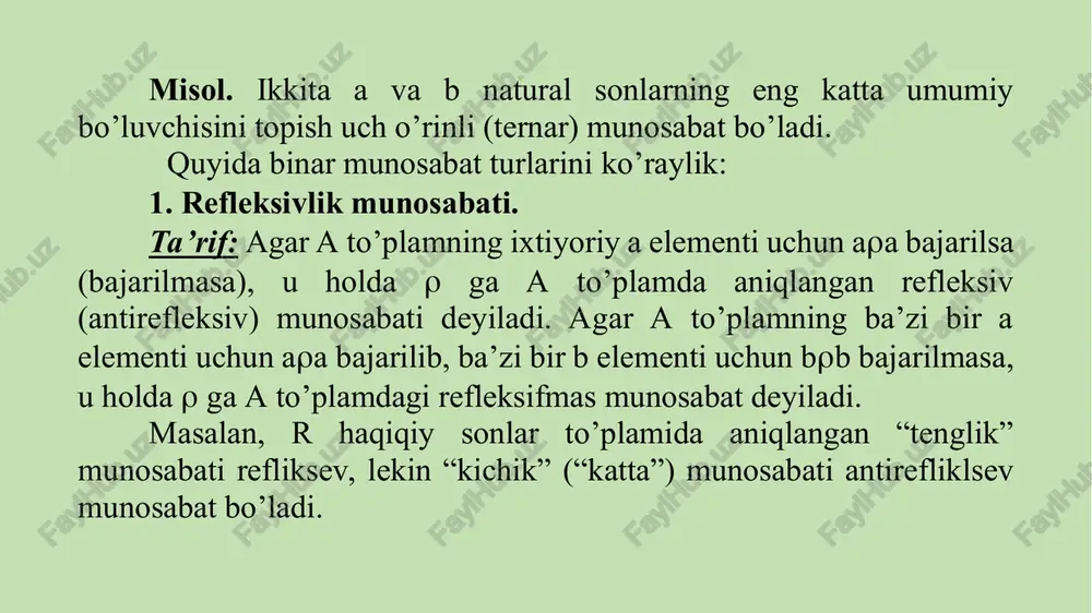 ktiv) bo’lishi zarur va yetarli. bu mulohazaning isboti [1] da keltirilgan. tekshirish savollari. 1. ikkita to’plamning dekart (to’g’ri) ko’paytmas i deb nimaga aytiladi? 2. n ta to’plamlarning dekart ko’paytmasinni toping ? 3. binar munosabat deb nimaga aytiladi? 4. refkeksiv, simmetrik, tranzitiv munosabatlarning ta’rifini aytib bering? 5. akslantirish (funksiya) deb nimaga aytiladi? 6. qanday akslantirishlarni bi lasiz? /docprops/thumbnail.jpeg