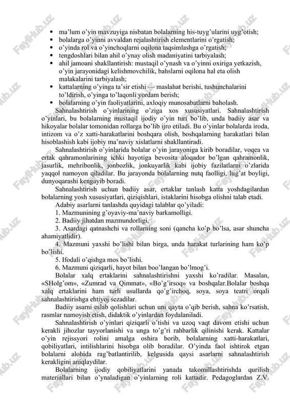 chiqarmasligi kerak. syujetli-rolli o’yinlar bolaning aqliy, axloqiy, jismoniy rivojlanishida muhim ahamiyat kasb etib, bunda bola ehtiyoji va malakasi tarbiyalanib, shakllanib boradi. syujetli rolli o’yinlarga rahbarlik qilish quyidagi asosiy bosqichlarda amalga oshiriladi. 1-bosqich. bolalarning qiziqishlarini, ulardagi syujetli o’yinlar rivojlanishi darajasini o’rganishning asosiy vositasi quyidagilar: · bolalar o’yinlarini kuzatish; · o’yin rivojining asosiy yo’nalishlari, o’yin mavzusi, o’yin mazmuni, bola o’yin faoliyatining rivoji, o’yinda o’zaro munosabatlarning rivojlanishi bo’yicha tavsifnoma tuzish; · o’yinga rahbarlik maqsadini aniqlash. 2-bosqich. kattalarning o’yin mavzuyi va mazmuniga ta’sir etishi: · o’yin mavzuyi bo’yicha sayohat va maqsadli sayrlar uyushtirish; · suhbatlar o’tkazish; · badiiy asarlar va hikoyalar o’qib berish; · illyusrativ rasmlar ko’rsatish; · mavzu bo’yicha turli mashg’ulotlar; · tasviriy faoliyat mashg’ulotlari o’tkazish. 3-bosqich. o’yinga tayyorgarlik (o’yin o’ynash uchun maxsus joy, o’yinchoqlar va o’yin materiallari): · tayyor o’yinchoqlarni tanlash; · qo’lda yasalgan o’yinchoqlar. bunda bolalarning mustaqil shug’ullanishlari uchun o’yin zonasini tashkil etish. 4-bosqich. bolalarni o’ynashga o’rgatish (o’yin jarayoni va boshqa …
