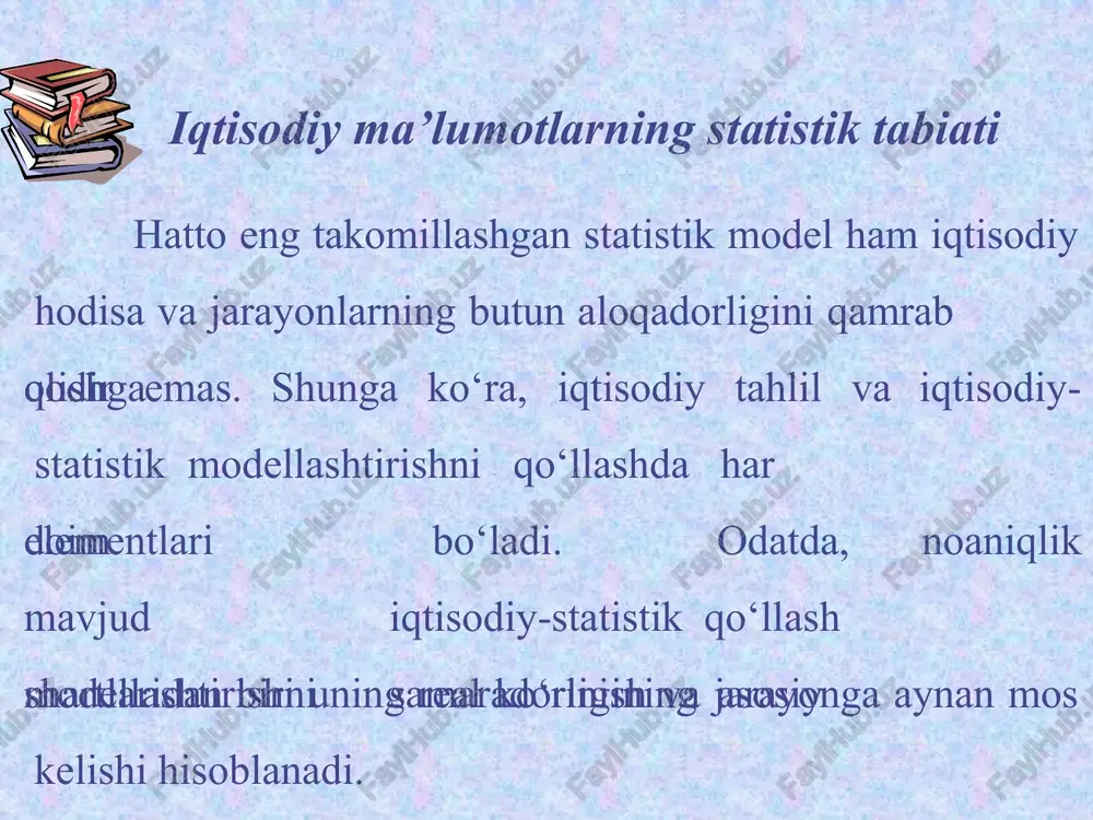 asiga o‘xshaydi. bu qoidalarni tanlama va nazariy dispersiyalar uchun ham ishlatish mumkin. dispersiyani hisoblashning 1-qoidasi agar y=v+w bo‘lsa, u holda var (y)=var (v)+var (w)+2cov (v,w)bo‘ladi. dispersiya tahlili va uni hisoblash qoidalari mustaqil o’zlashtirish uchun savollar iqtisodiy statistik usul qanday usul? iqtisodiyotda iqtisodiy- statistic usullarning ahamiyati. bosh to‘plam tanlama toplamlar ta’rifini ayting? matematik statistika nimani o‘rganadi?. tasodifiy miqdor nima? uzluksiz tasodifiy miqdor bilan diskret tasodifiy miqdorning farqini tushuntiring? kovariatsiya nima? kovariatsiyani hisoblashning qoidalarini tushuntirib bering? dispersiya nima? dispersiyani hisoblash qoidalarini tushuntirib bering. 21 adabiyotlar royxati dougherti k. introduction to ekonometrics– new york. oxford university press. 2011. james h. stock, mark w. watson. introduction to econometrics. third edition. addison-weslay. 2011. abdullaev a.m., xodiev b.yu., ishnazarov a.i. ekonometrika: uchebnik. – t.: tgeu. 2007. berkinov b.b.ekonometrika.-t. fan va texnologiya. 2015. xodiev b.yu., shodiev t.sh., berkinov b.b., ekonometrika.- t. tdiu. 2016. shadmanova g. iqtisodiy matematik usullar va modellar. darslik..-t.tiqxmmi. 2013. shadmanova g.,raxmankulova b.,karimova x.x. ekonometrika …