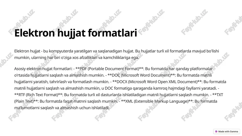 n, u siqishni amalga oshiradi, lekin audio sifatini saqlaydi. - **ogg vorbis**: bu formatda audio fayllarni saqlash mumkin, u bepul va ochiq manbali formatdir. - **m4a (mpeg-4 audio)**: bu formatda musiqa va boshqa audio fayllarni saqlash mumkin. fayl hajmini kamaytirish uchun siqishni amalga oshiradi. 8 video fayl formatlari video fayllari audio va tasvir ma'lumotlarini birlashtirib, harakatlanuvchi rasmlarni saqlash uchun ishlatiladi. ushbu formatlar filmlar, teleko'rsatuvlar, videokliplar va boshqa video fayllarni saqlash uchun ishlatiladi. asosiy video fayl formatlari: - **mp4 (mpeg-4 part 14)**: bu formatda video va audio fayllarni saqlash mumkin. fayl hajmini kamaytirish uchun siqishni amalga oshiradi. - **avi (audio video interleave)**: bu formatda video va audio fayllarni saqlash mumkin. - **mkv (matroska video)**: bu formatda video va audio fayllarni saqlash mumkin. - **mov (quicktime movie)**: bu formatda apple kompyuterlari tomonidan ishlatiladigan video va audio fayllarni saqlash mumkin. - **wmv (windows media video)**: bu formatda windows operatsion tizimida ishlatiladigan video va …